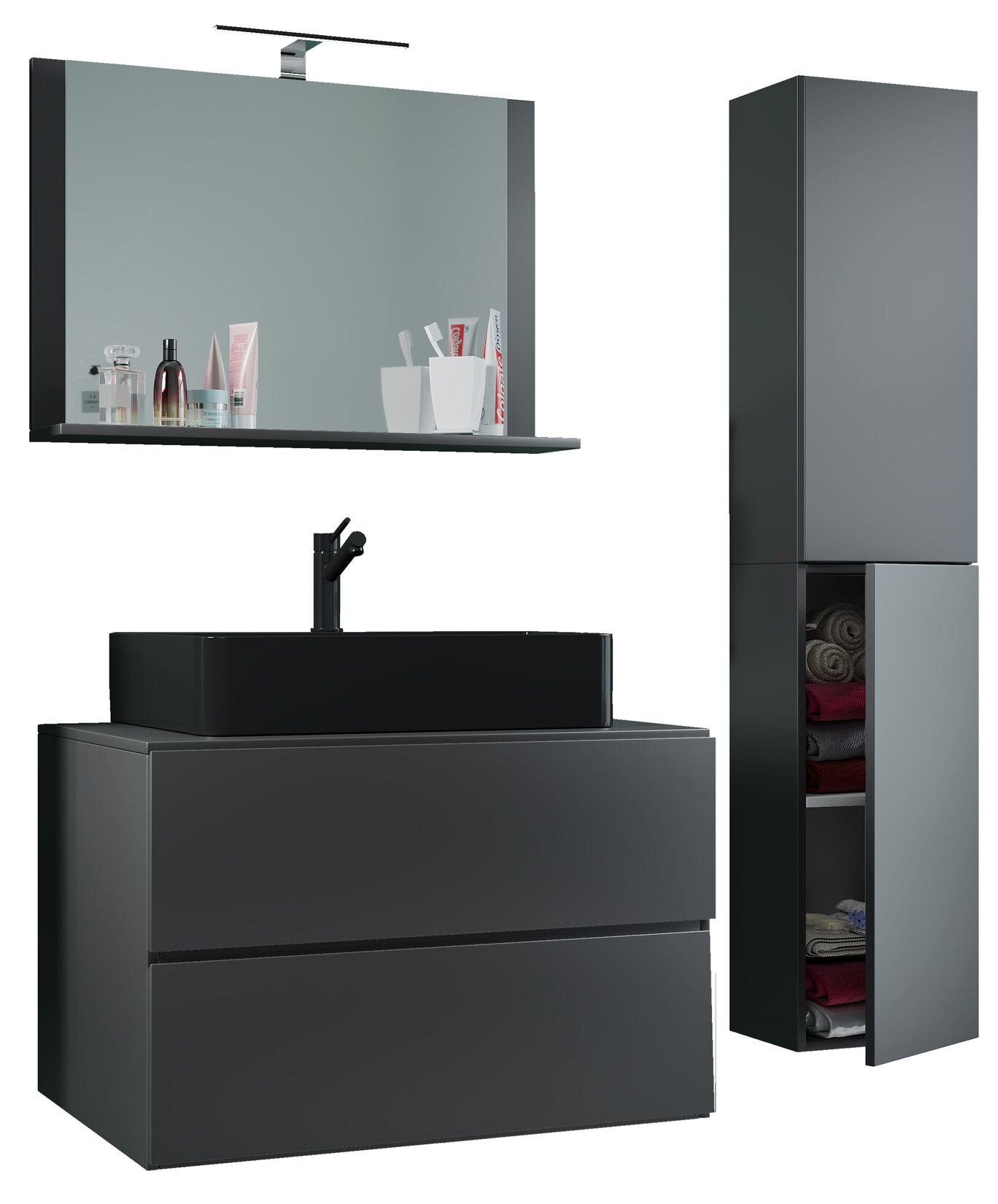 VCM 4-tlg. Waschplatz Waschtisch Waschbecken Unterschrank Breite 80 cm Badmöbel Set mit Schubladen Drehtüren Spiegel Lendas L