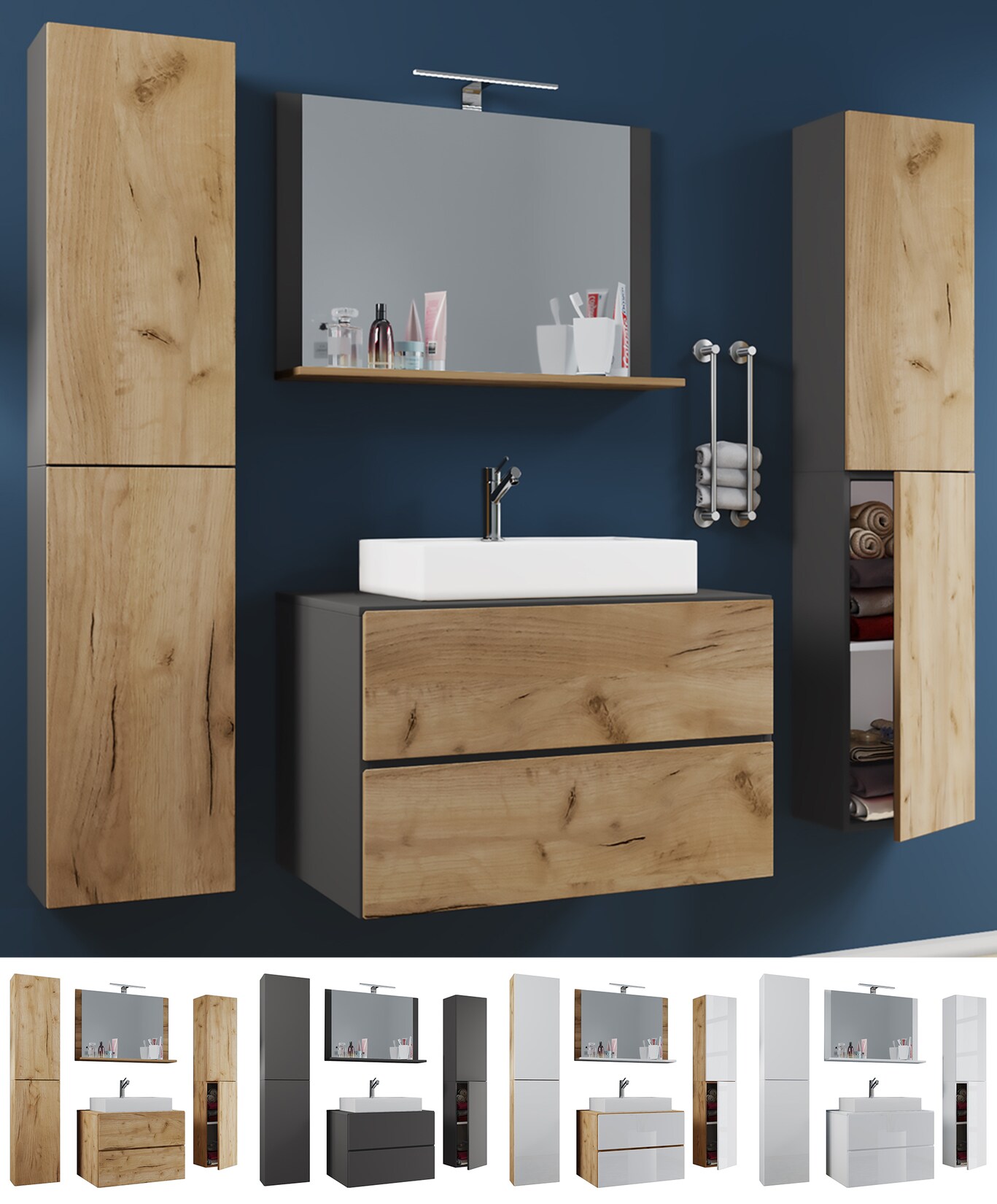 VCM 5-tlg. Waschplatz Waschtisch Waschbecken Unterschrank Breite 60 cm Badmöbel Set mit Schubladen Drehtüren Spiegel Lendas XL Schublade