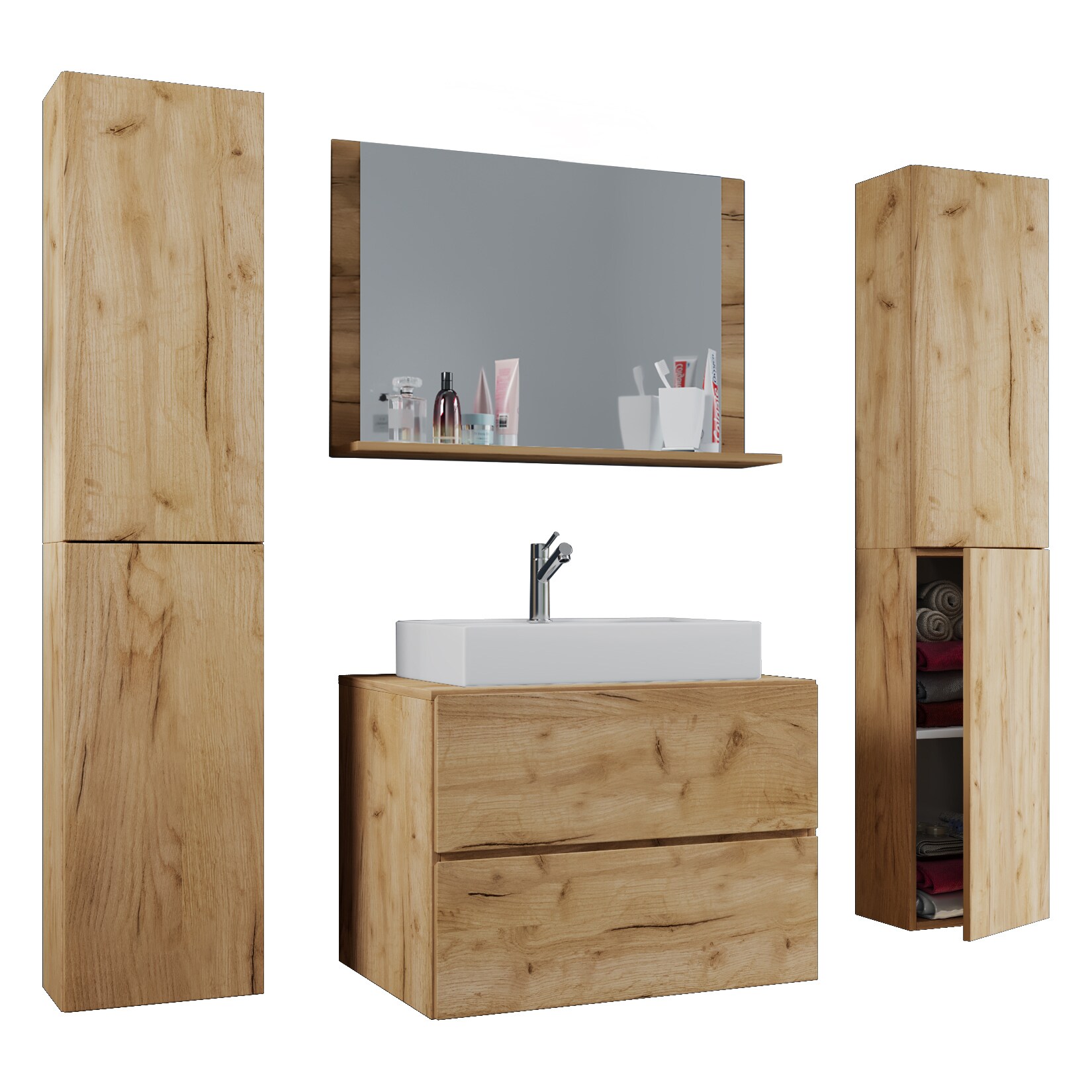 VCM 5-tlg. Waschplatz Waschtisch Waschbecken Unterschrank Breite 80 cm Badmöbel Set mit Schubladen Drehtüren Spiegel Lendas XL