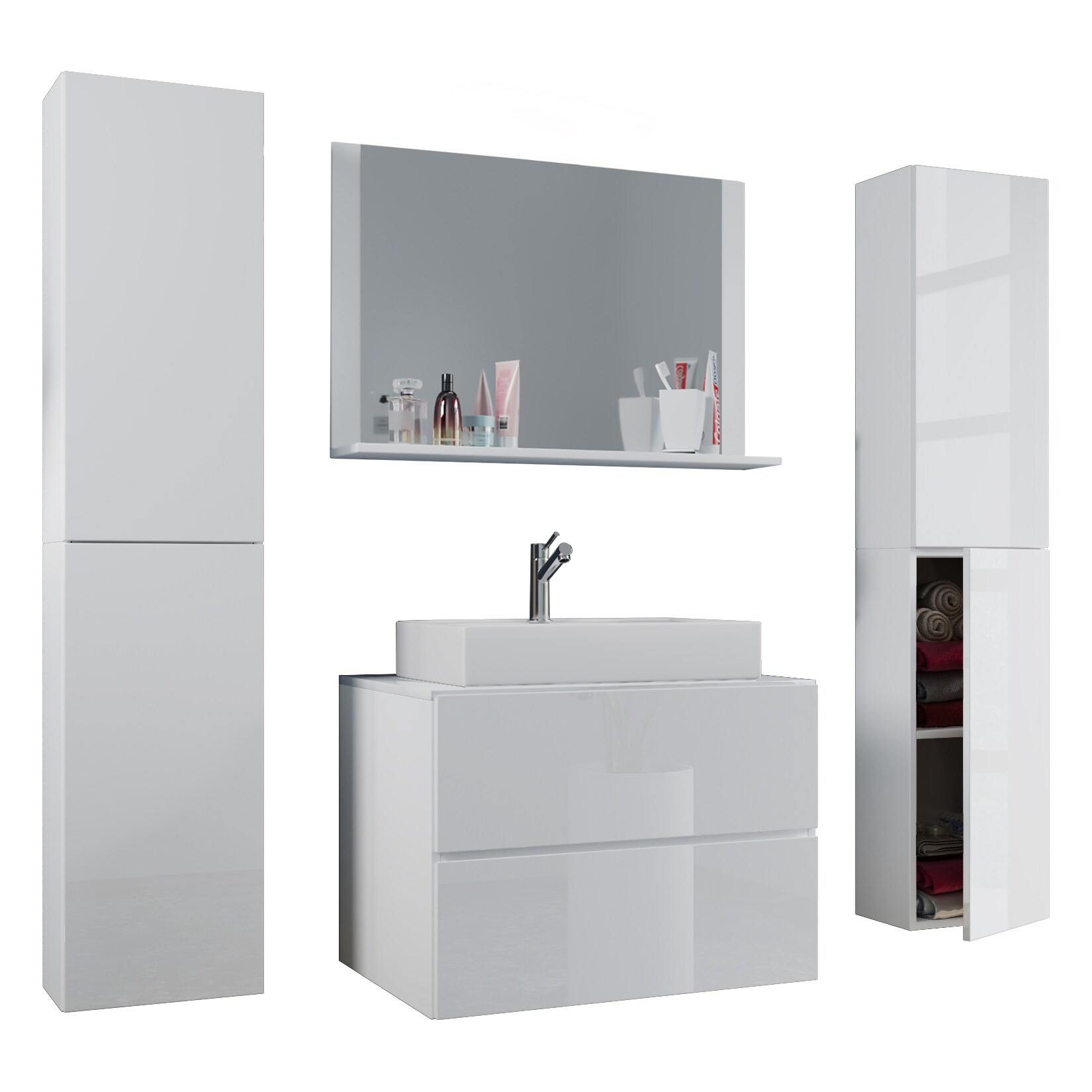 VCM 5-tlg. Waschplatz Waschtisch | Waschbecken Unterschrank Breite 80 cm | Badm&ouml;bel Set mit Schubladen Dreht&uuml;ren Spiegel | Lendas XL - Bild 1