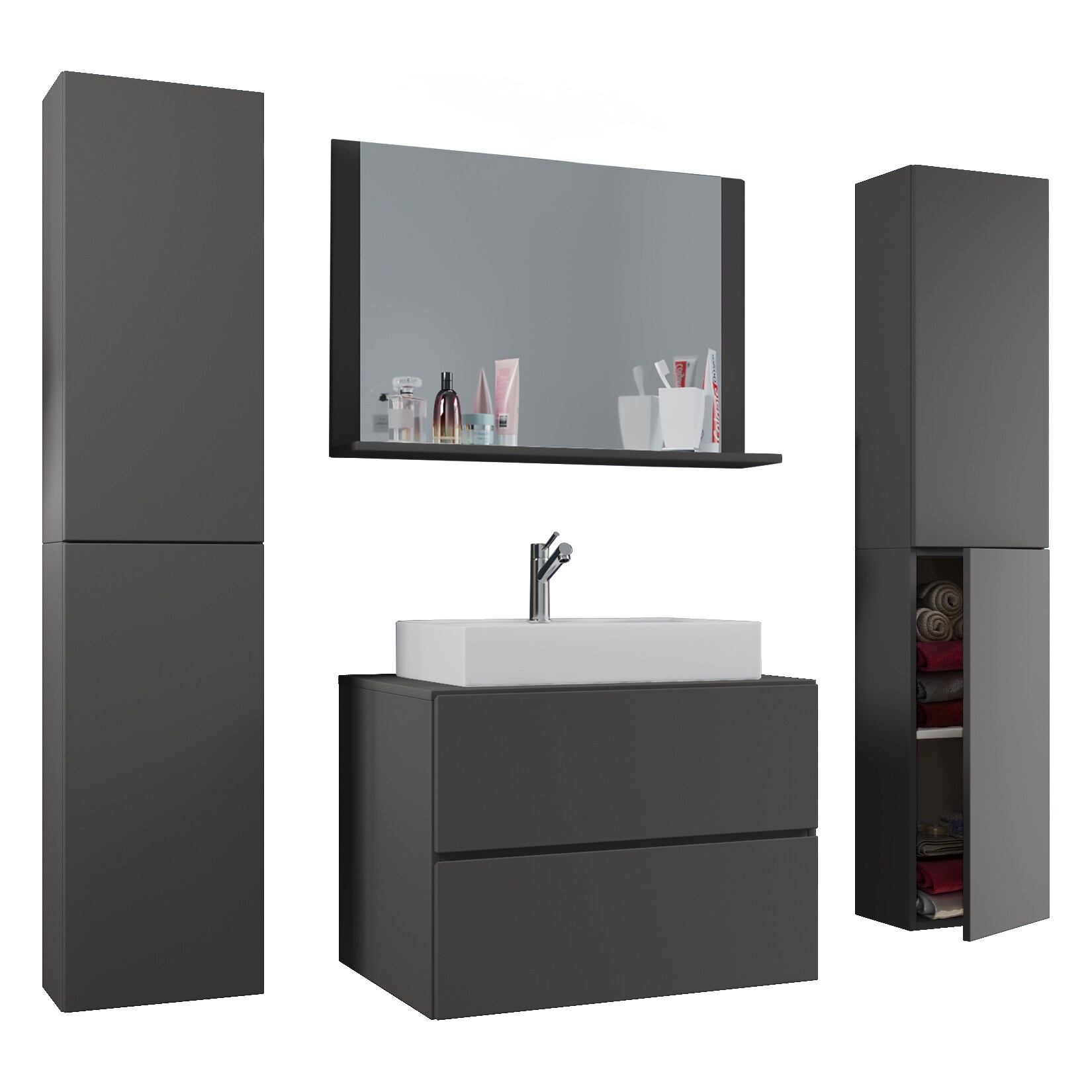 VCM 5-tlg. Waschplatz Waschtisch Waschbecken Unterschrank Breite 80 cm Badmöbel Set mit Schubladen Drehtüren Spiegel Lendas XL