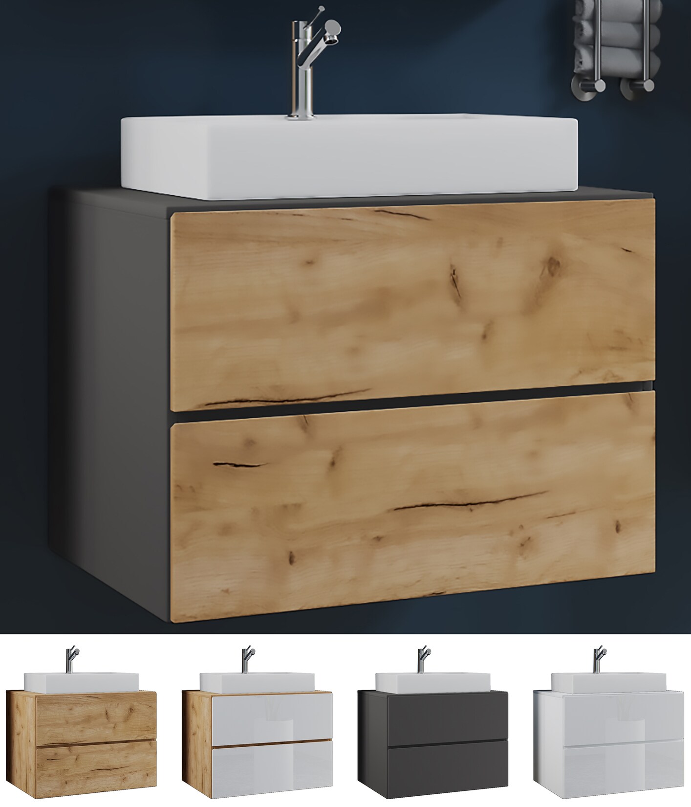 VCM 2-tlg. Waschplatz Waschtisch Waschbecken Unterschrank Breite 60 cm Badmöbel Set mit Schubladen Lendas