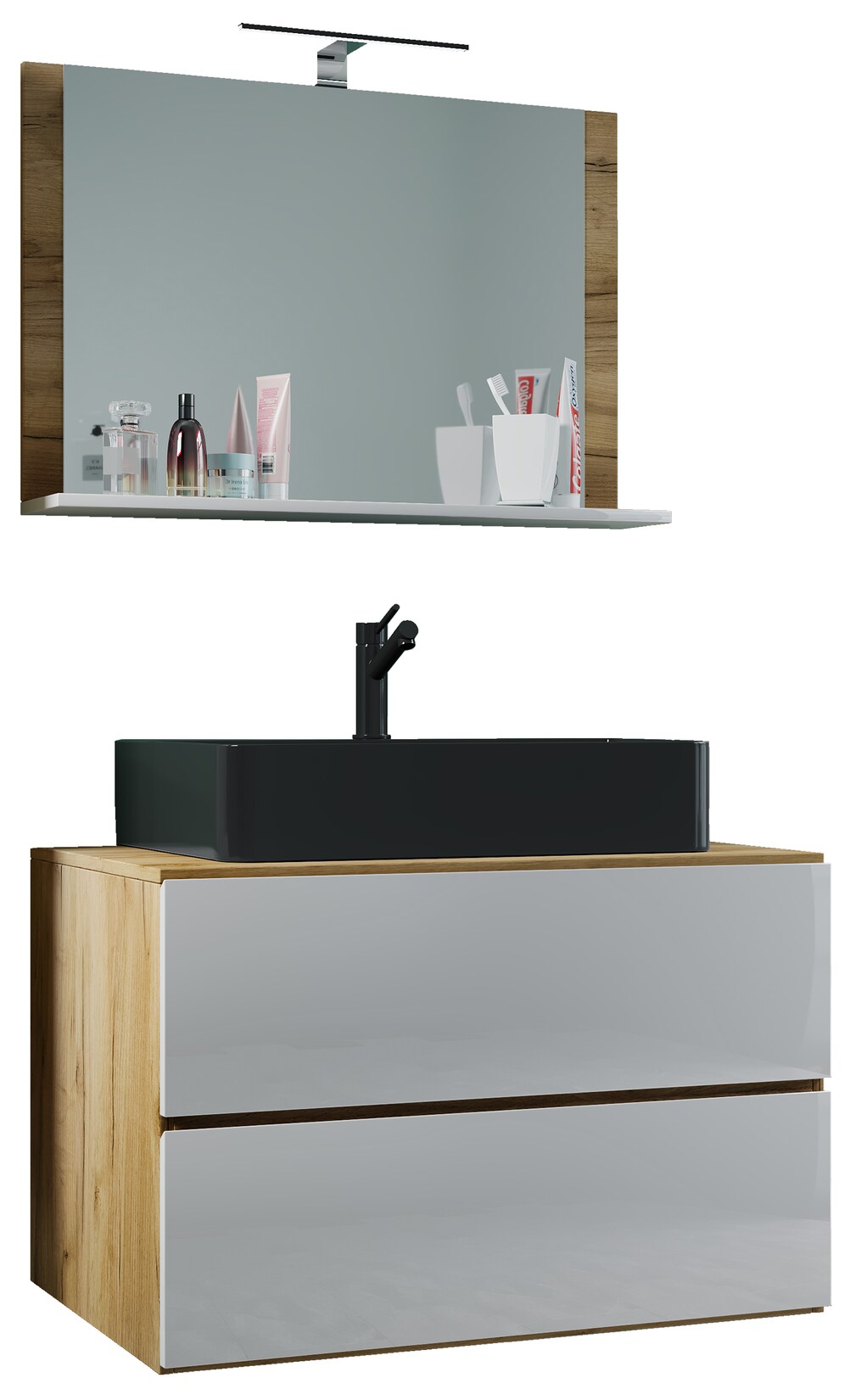 VCM 3-tlg. Waschplatz Waschtisch Waschbecken Unterschrank Breite 80 cm Badmöbel Set mit Schubladen Spiegel Lendas M