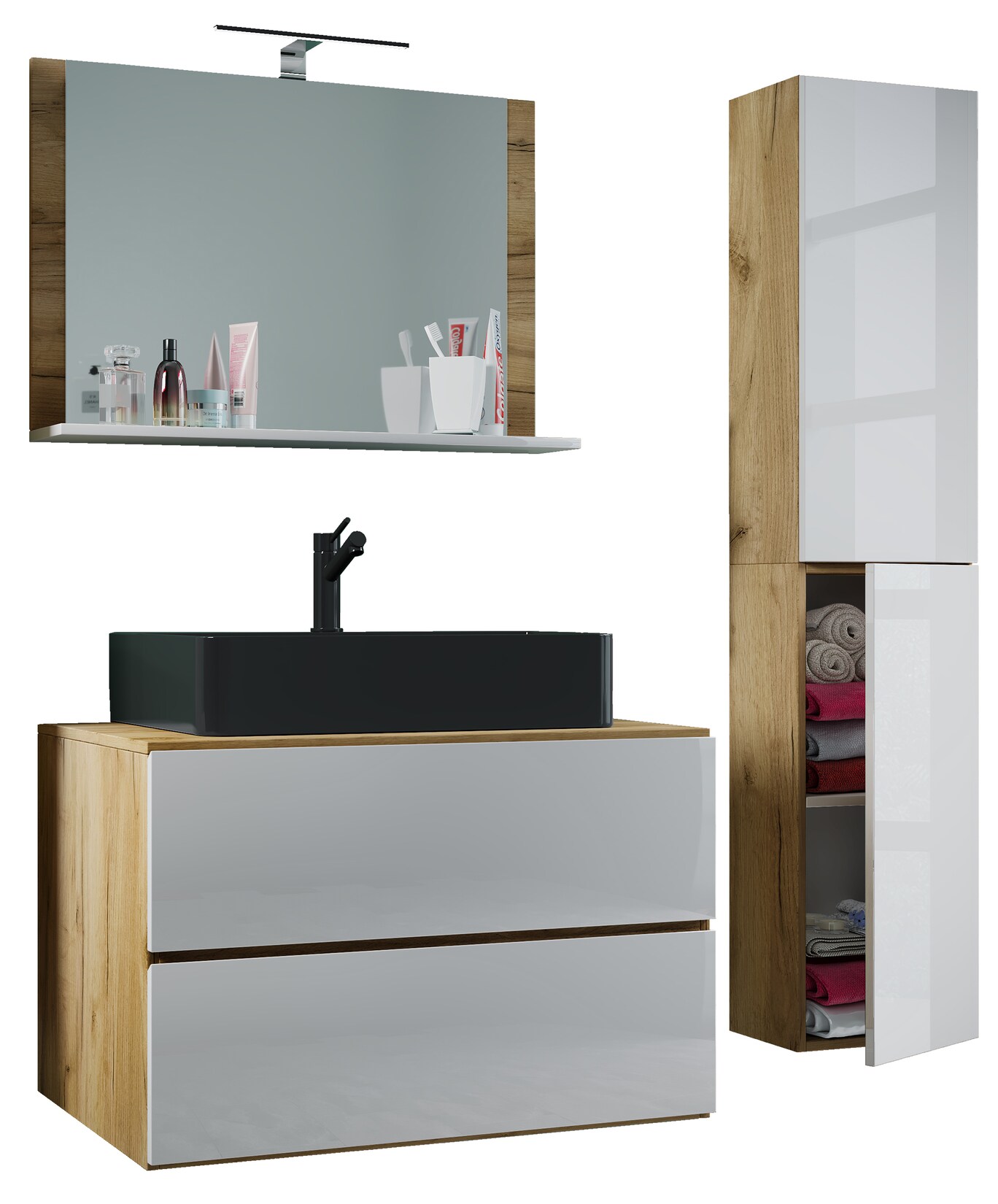 VCM 4-tlg. Waschplatz Waschtisch Waschbecken Unterschrank Breite 80 cm Badmöbel Set mit Schubladen Drehtüren Spiegel Lendas L