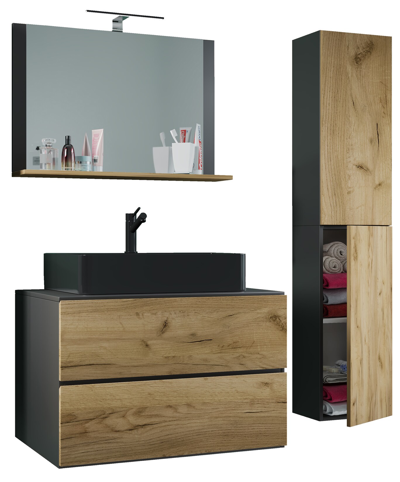 VCM 4-tlg. Waschplatz Waschtisch Waschbecken Unterschrank Breite 80 cm Badmöbel Set mit Schubladen Drehtüren Spiegel Lendas L