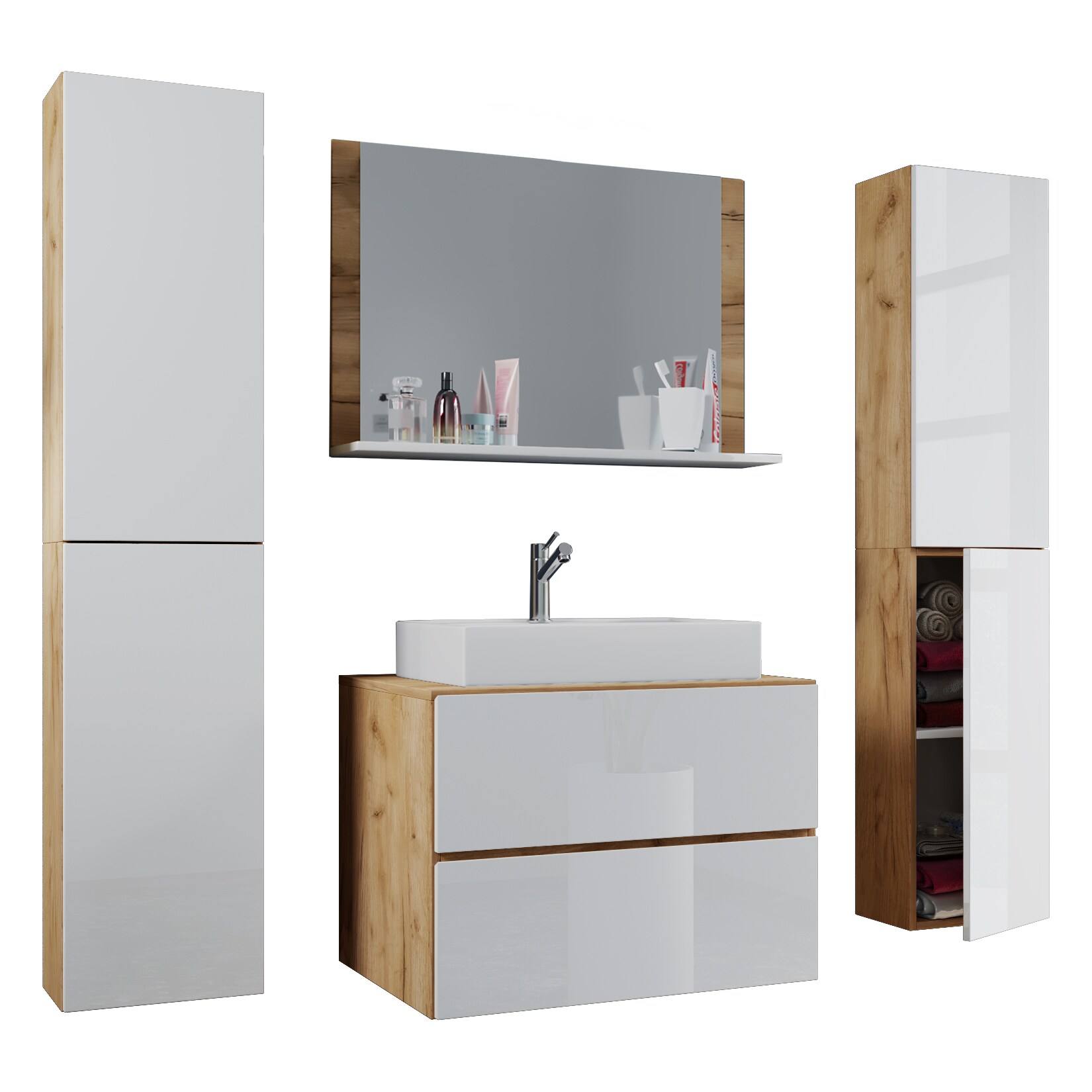 VCM 5-tlg. Waschplatz Waschtisch Waschbecken Unterschrank Breite 80 cm Badmöbel Set mit Schubladen Drehtüren Spiegel Lendas XL