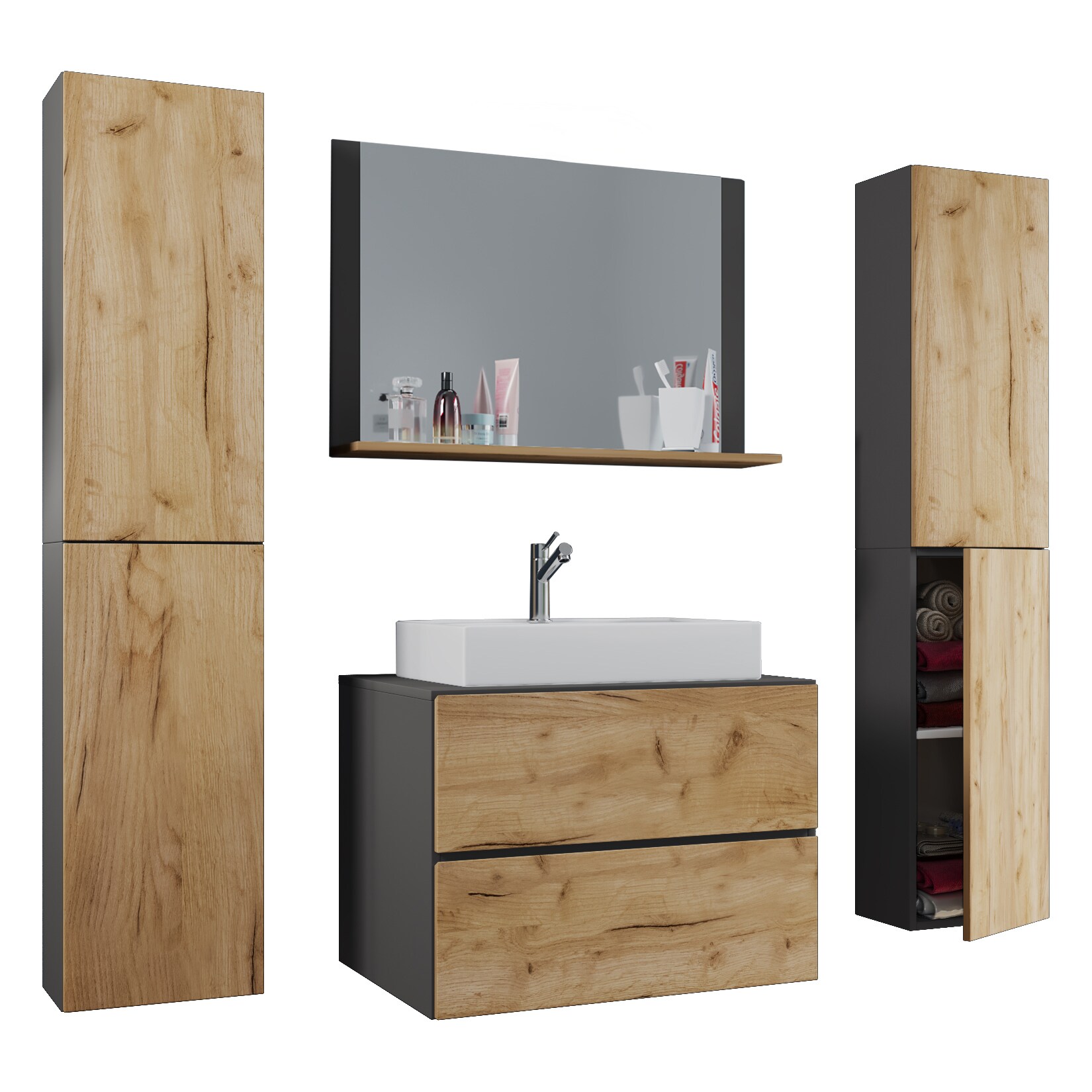VCM 5-tlg. Waschplatz Waschtisch Waschbecken Unterschrank Breite 80 cm Badmöbel Set mit Schubladen Drehtüren Spiegel Lendas XL