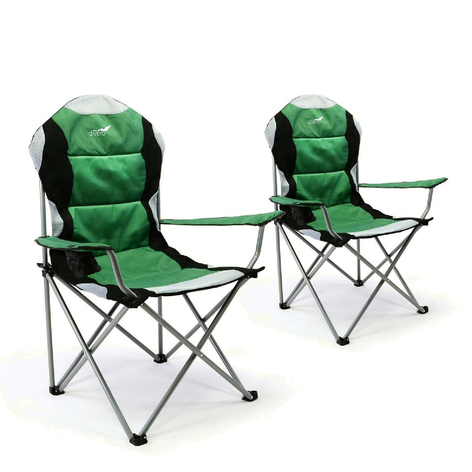 VCM 2er Set Deluxe Campingstuhl grün schwarz gepolstert klappbar Armlehne mit Getränkehalter Maße L 57cm x B 90cm x H 110 cm