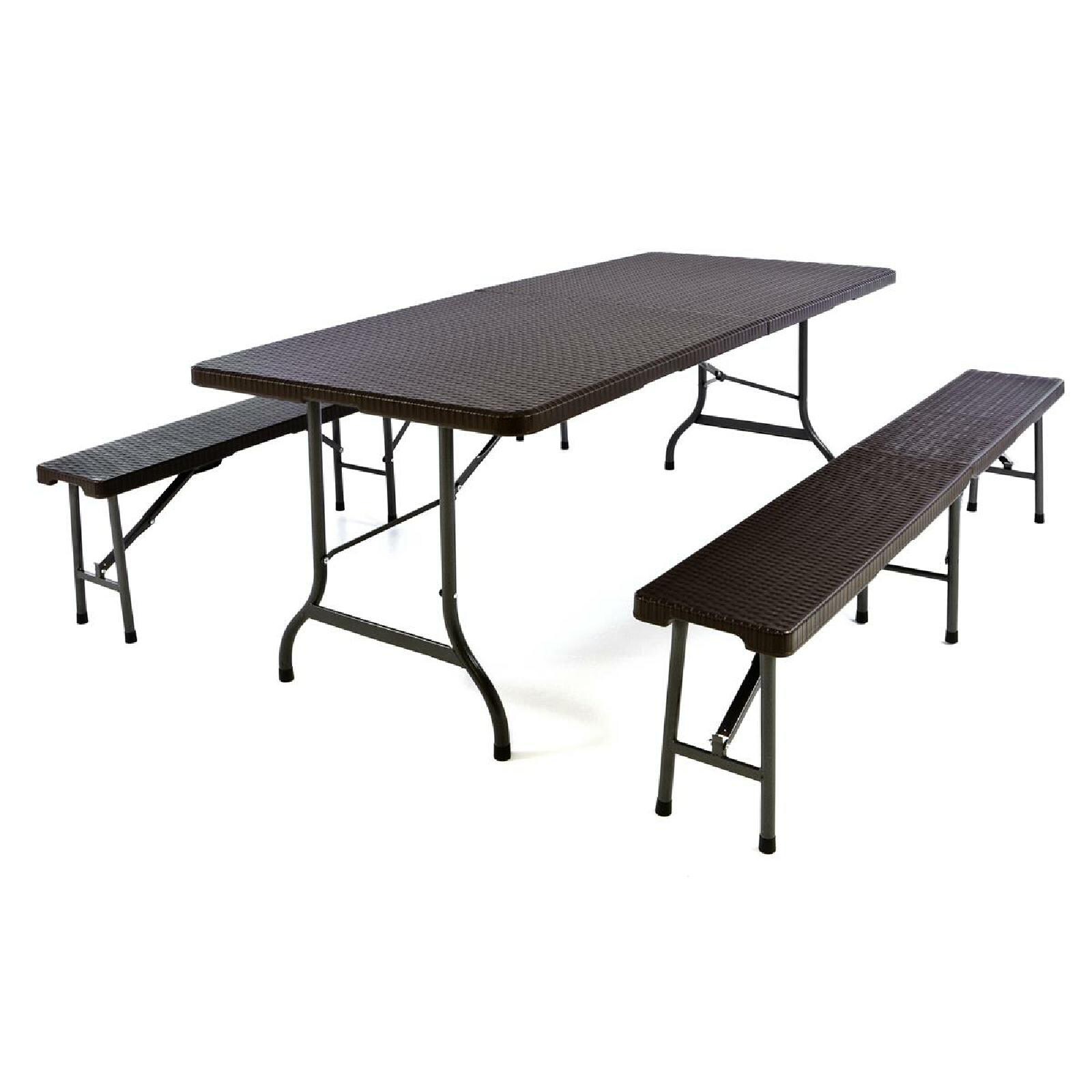 VCM 3-tlg. Gartenmöbelset   Gartengarnitur 1 Tisch 2 Bänke klappbar   Rattan-Optik   Bierzeltgarnitur   braun   180 cm | 04051814393761