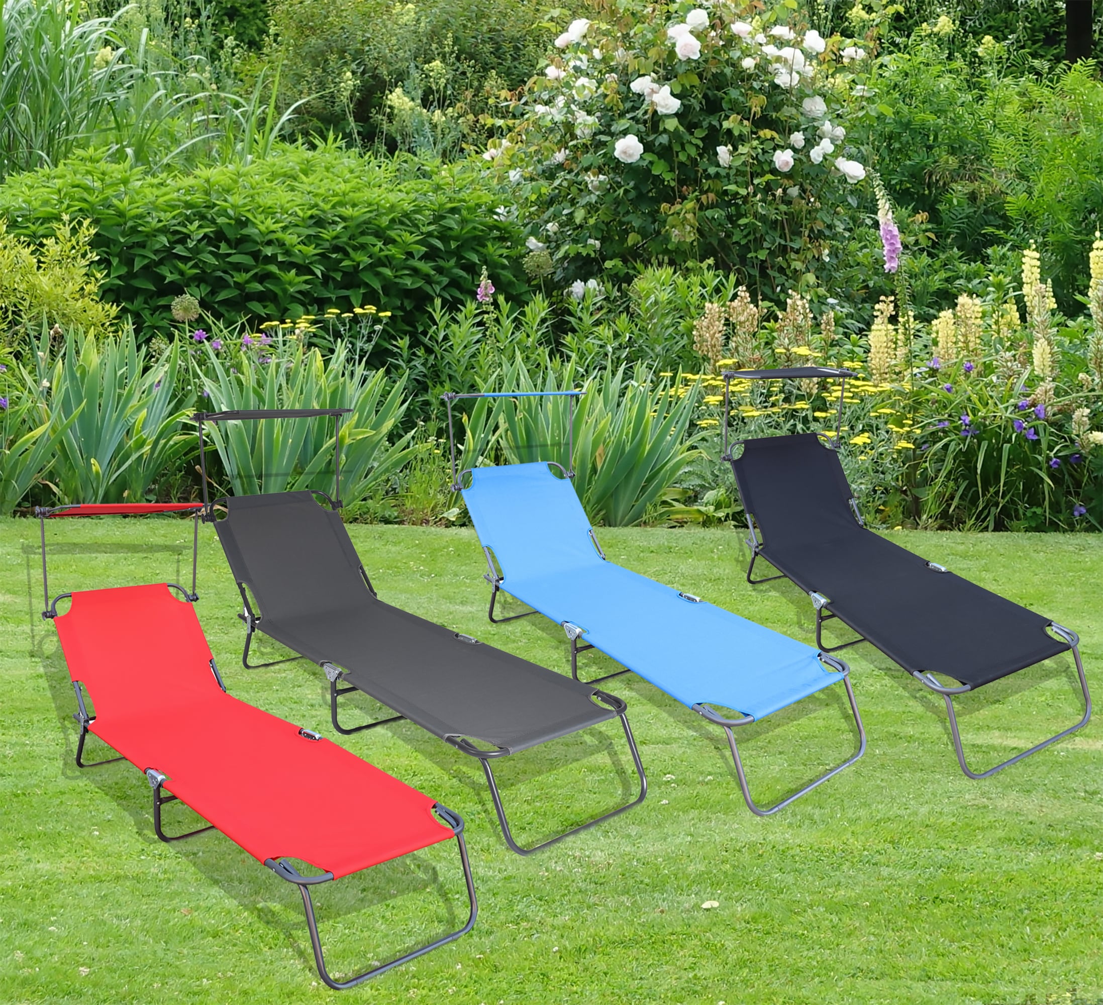 VCM Sonnenliege klappbar | Ma&szlig;e ca. L. 185 x H. 24 x B. 55 cm | Gartenliege faltbar | leicht und kompakt | Liegestuhl mit verstellbarem Sonnendach - Bild 1