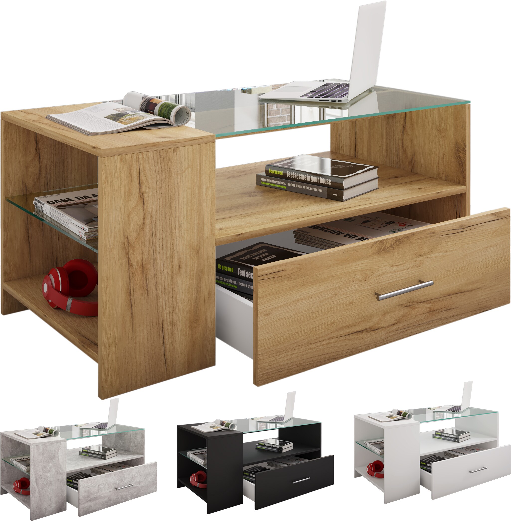 VCM Holz Couchtisch mit ESG-Sicherheitsglas | Sofatisch mit ausreichend Stauraum | Ma&szlig;e ca. H. 45 x B. 100 x T. 50 cm | Wohnzimmertisch mit Schublade - Tindala - Bild 1