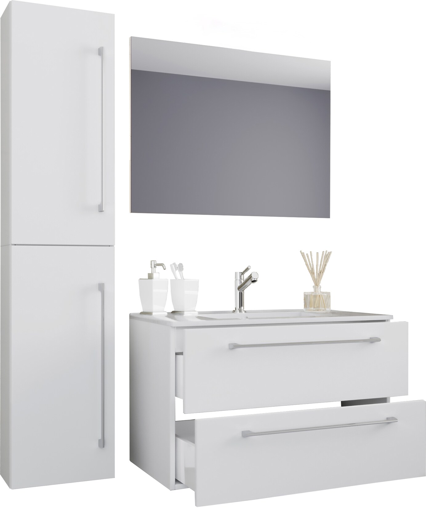 VCM 4-tlg. Waschplatz Waschtisch Waschbecken Unterschrank Breite 80 cm Badmöbel Set mit Schubladen Drehtüren Spiegel Badinos