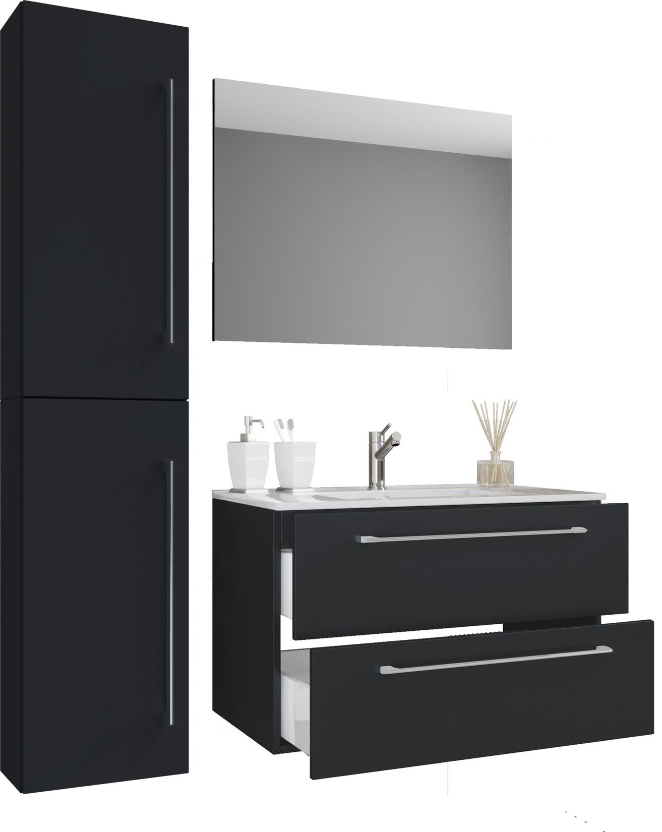 VCM 4-tlg. Waschplatz Waschtisch Waschbecken Unterschrank Breite 80 cm Badmöbel Set mit Schubladen Drehtüren Spiegel Badinos