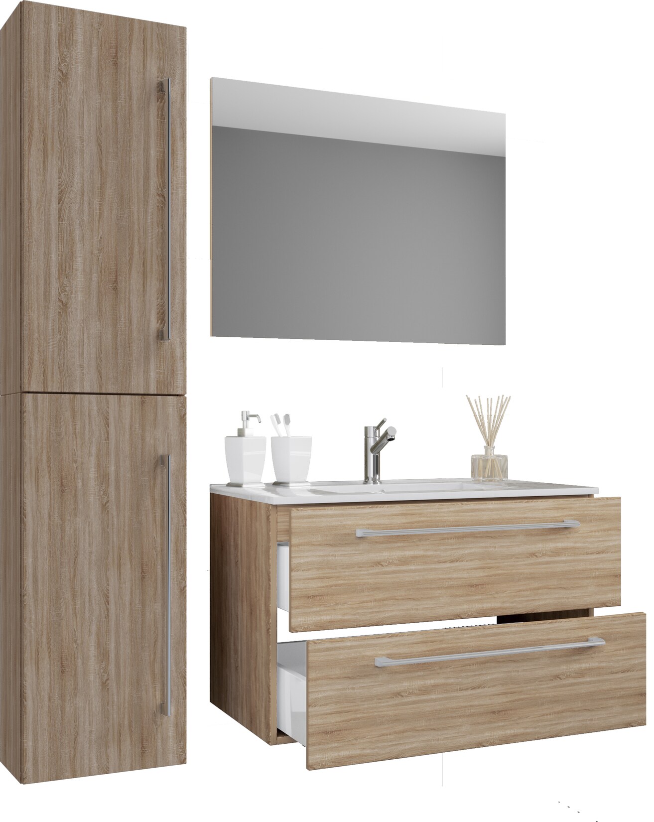 VCM 4-tlg. Waschplatz Waschtisch Waschbecken Unterschrank Breite 80 cm Badmöbel Set mit Schubladen Drehtüren Spiegel Badinos