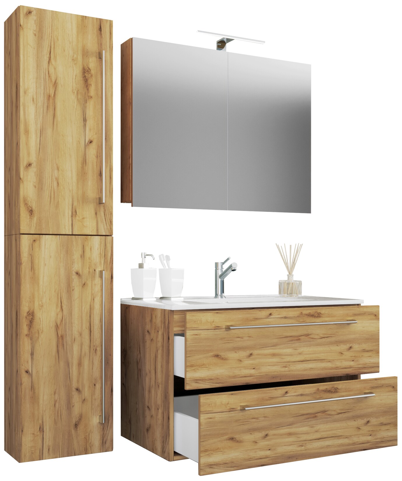 VCM 4-tlg. Waschplatz Waschtisch Waschbecken Unterschrank Breite 60 cm Badmöbel Set mit Schubladen Drehtüren Spiegelschrank Badinos