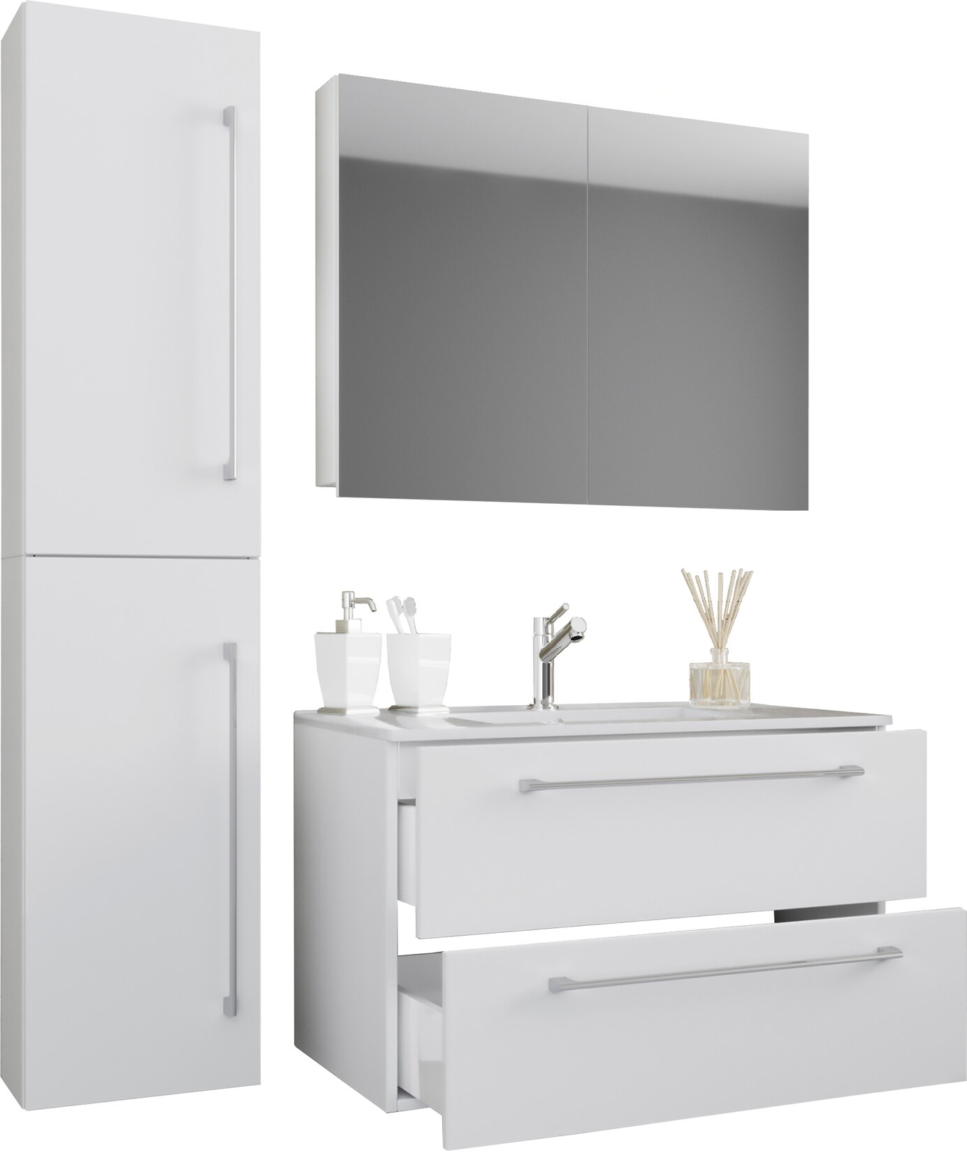 VCM 4-tlg. Waschplatz Waschtisch Waschbecken Unterschrank Breite 80 cm Badmöbel Set mit Schubladen Drehtüren Spiegelschrank Badinos