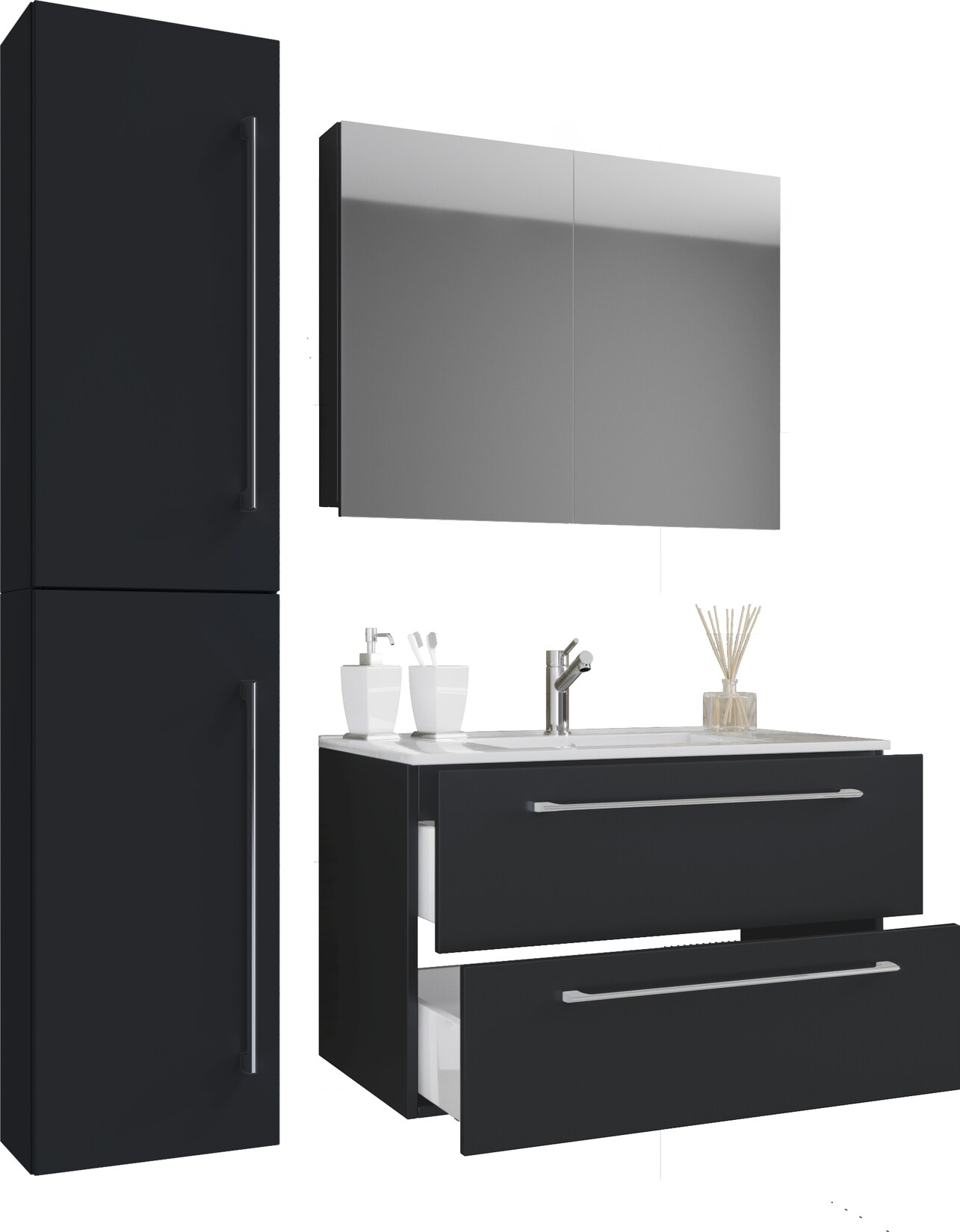 VCM 4-tlg. Waschplatz Waschtisch Waschbecken Unterschrank Breite 80 cm Badmöbel Set mit Schubladen Drehtüren Spiegelschrank Badinos