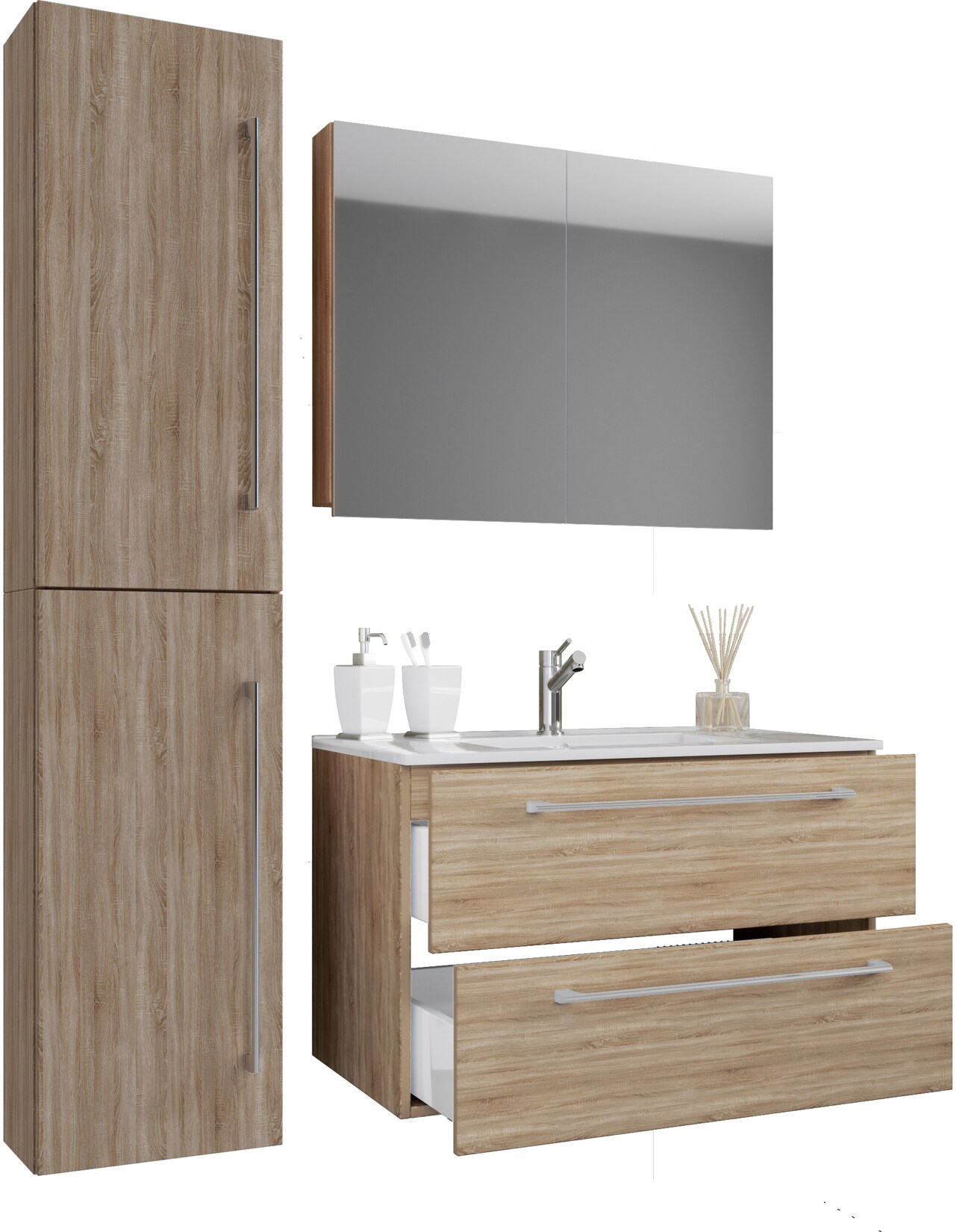 VCM 4-tlg. Waschplatz Waschtisch Waschbecken Unterschrank Breite 80 cm Badmöbel Set mit Schubladen Drehtüren Spiegelschrank Badinos