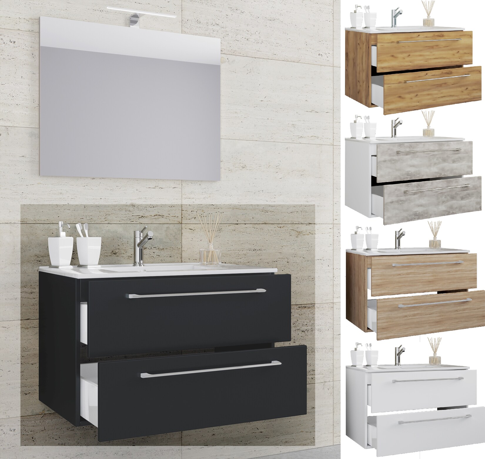 VCM 2-tlg. Waschplatz Waschtisch Waschbecken Unterschrank Breite 60 cm Badmöbel Set hängend mit zwei Schubladen Badinos