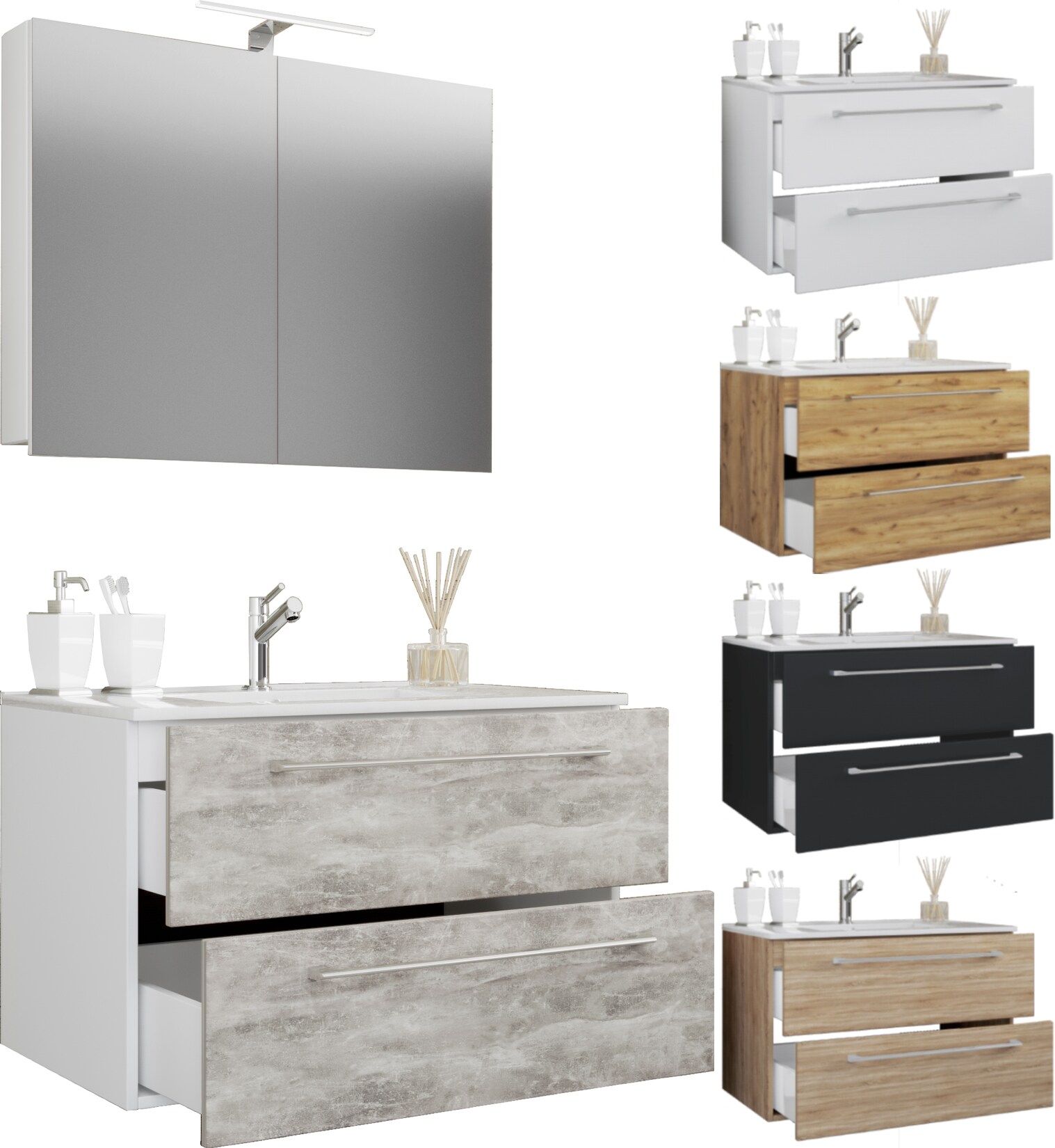 VCM 3-tlg. Waschplatz Waschtisch Waschbecken Unterschrank Breite 80 cm Badmöbel Set mit Schubladen Drehtüren Spiegelschrank Badinos