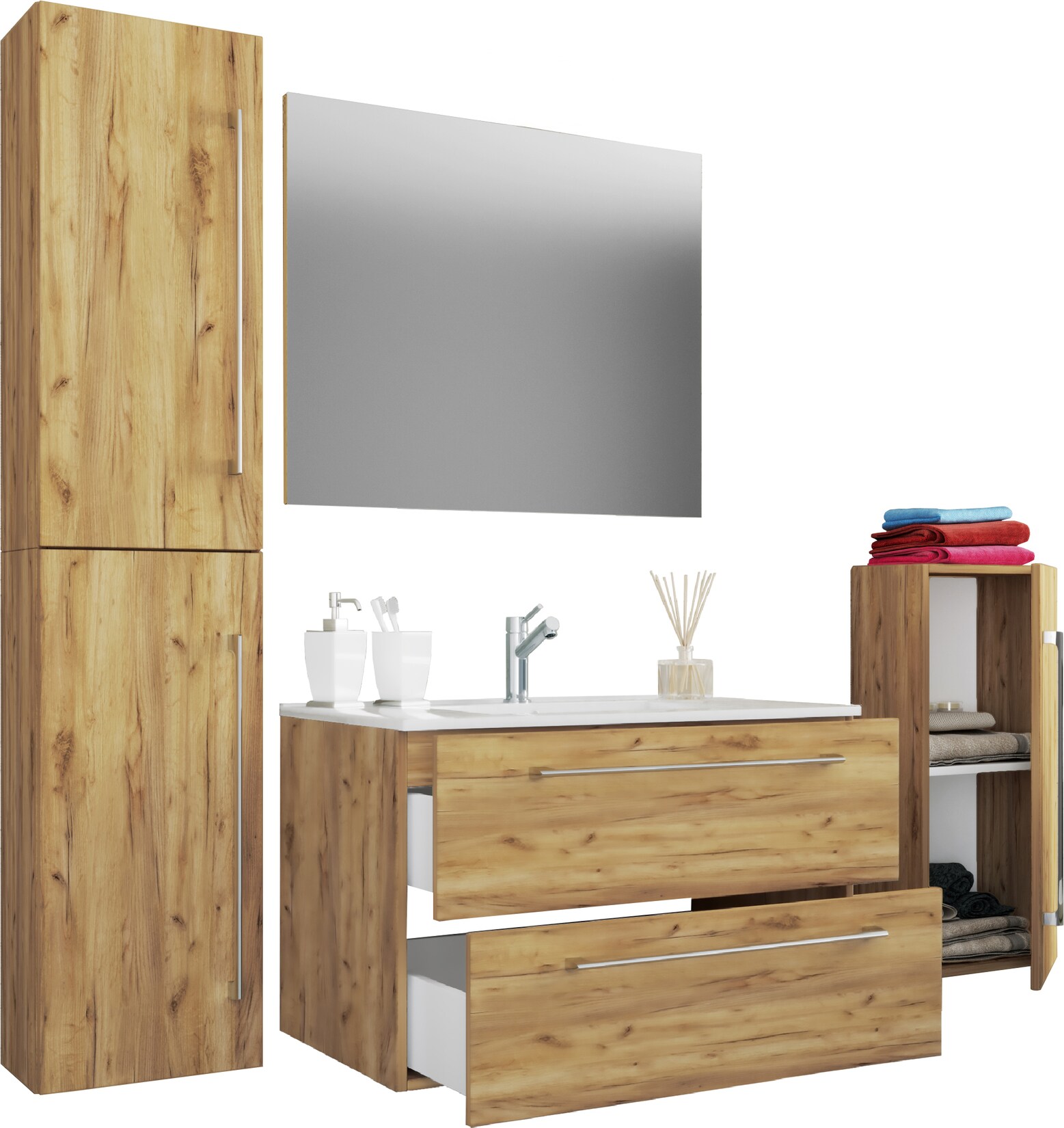 VCM 5-tlg. Set 1 Waschtisch mit zwei Schubladen, 1 Spiegel, 1 Waschbecken, 1 Midischrank, 1 Hochschrank Keramik Waschbecken hängend Unterschrank 80 cm Badmöbel Set Waschplatz – Badinos