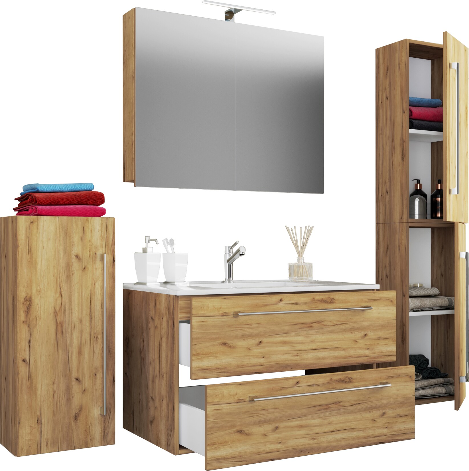 VCM 5-tlg. Set 1 Waschtisch mit zwei Schubladen, 1 Spiegelschrank, 1 Waschbecken, 1 Midischrank, 1 Hochschrank Keramik Waschbecken hängend Unterschrank 80 cm Badmöbel Set Waschplatz – Badinos