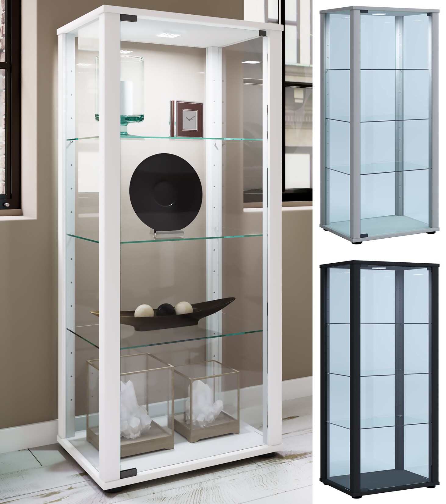 VCM Glasvitrine stehend   Vitrine Glas mit ESG-Sicherheitsglas   Maße ca. H. 115 x B. 50 x T. 38 cm   Standvitrine Glas   Modern und platzsparend   Glas Vitrinenschrank – Kavisa M | 04051814408960