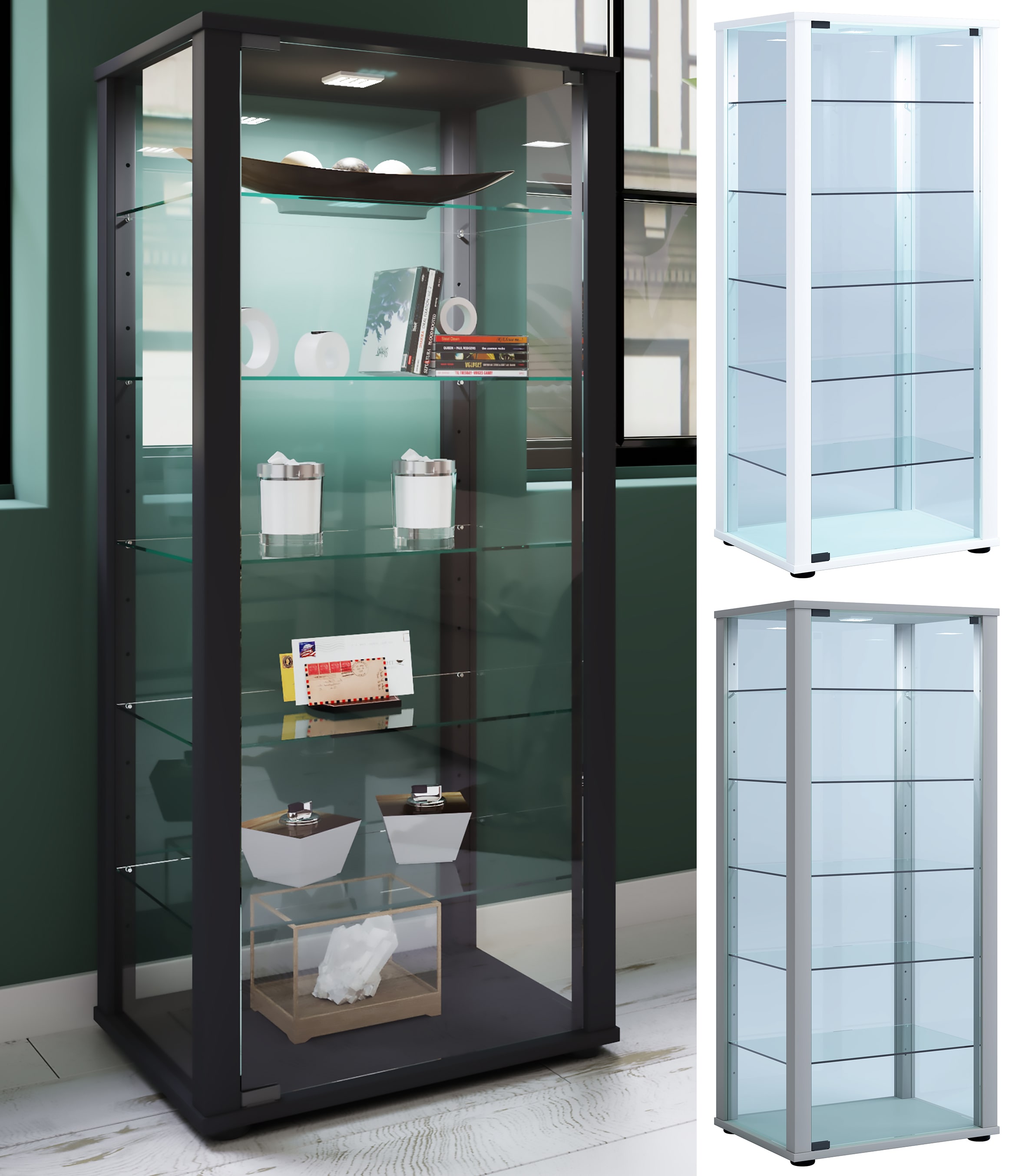 VCM Glasvitrine stehend | Vitrine Glas mit ESG-Sicherheitsglas | Ma&szlig;e ca. H. 115 x B. 50 x T. 38 cm | Standvitrine Glas | Modern und platzsparend | Glas Vitrinenschrank &ndash; Kavisa L - Bild 1