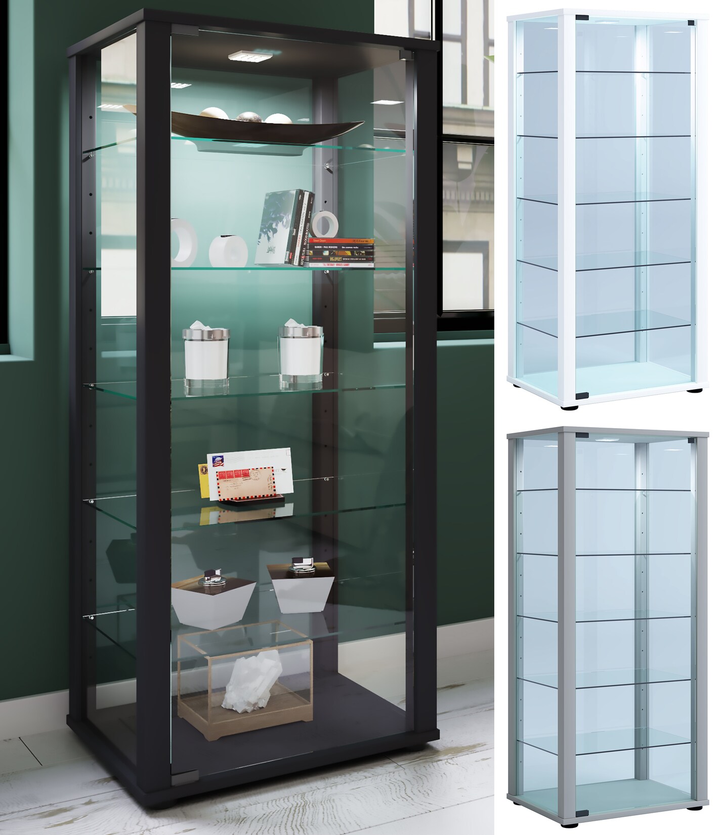 VCM Glasvitrine stehend   Vitrine Glas mit ESG-Sicherheitsglas   Maße ca. H. 115 x B. 50 x T. 38 cm   Standvitrine Glas   Modern und platzsparend   Glas Vitrinenschrank – Kavisa L | 04051814409042