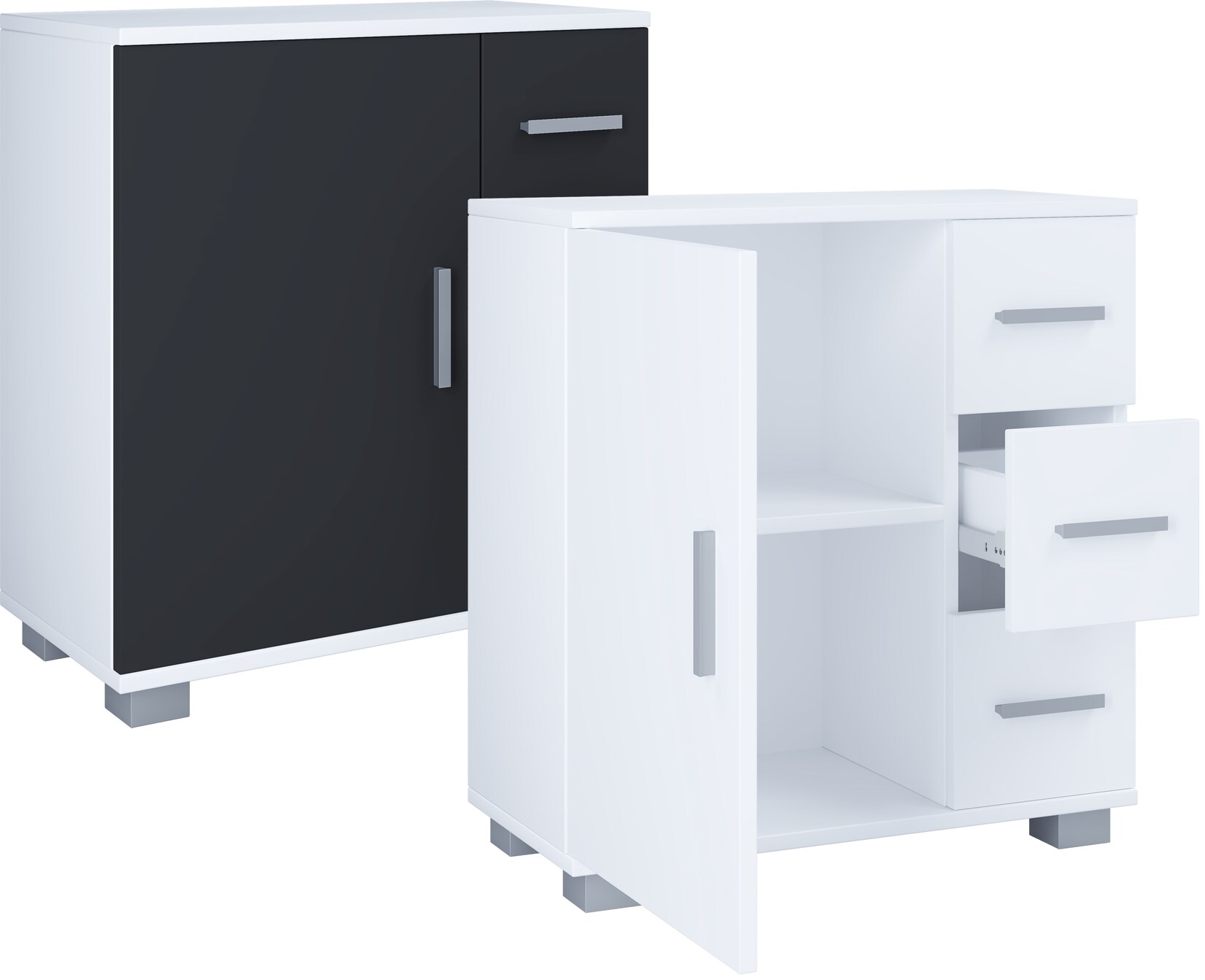 VCM Holz Midischrank Badschrank Maße: H. 65 x B. 60 x T. 30 cm 3 Schubladen 1 große Drehtür 2 Fächer - Zalo XL
