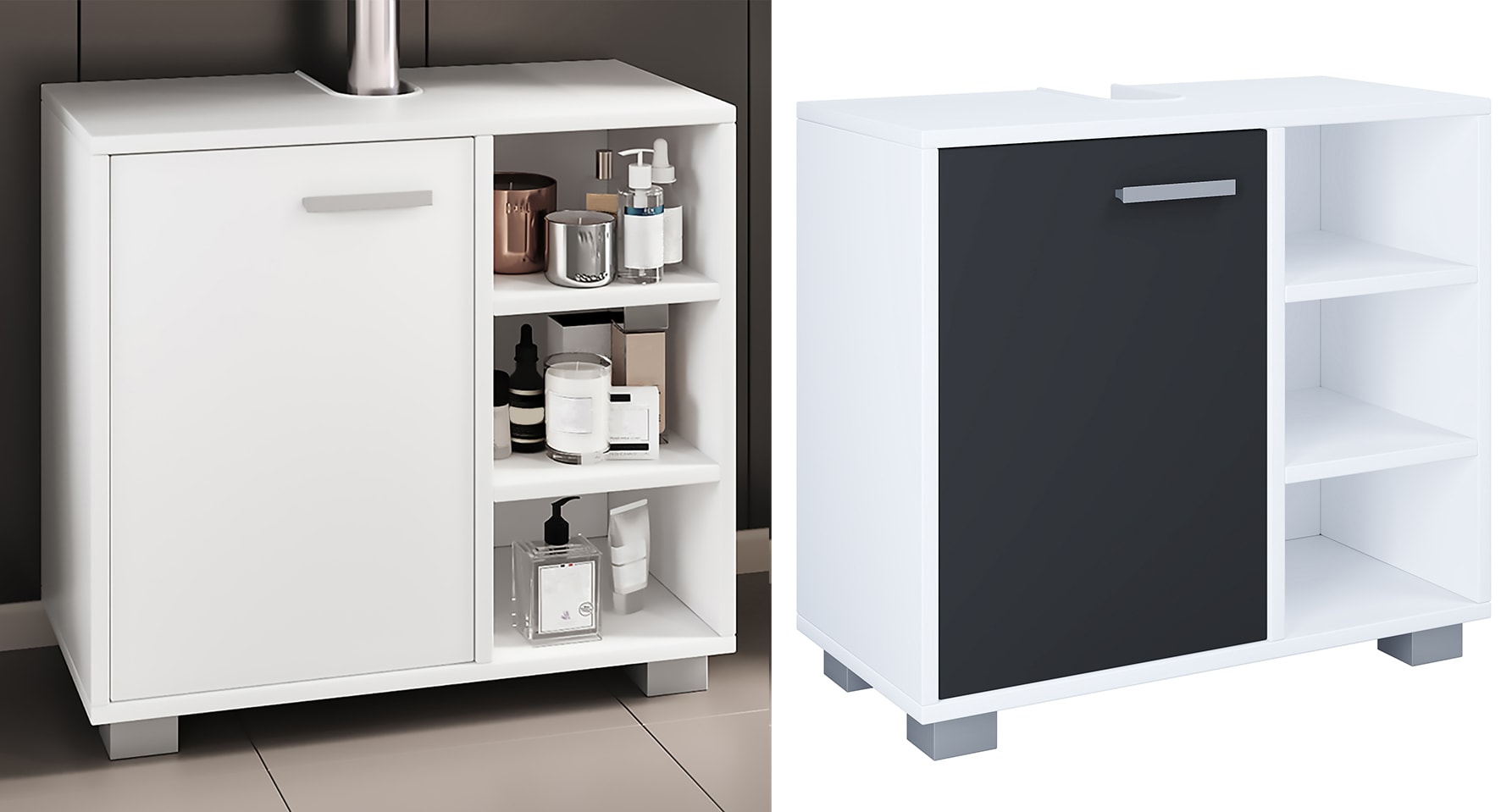 VCM Holz Waschbeckenunterschrank | Badschrank | Ma&szlig;e: H. 58 x B. 60 x T. 30 cm | 1 Dreht&uuml;r | 3 kleine offene Regalf&auml;cher - Zalo L - Bild 1