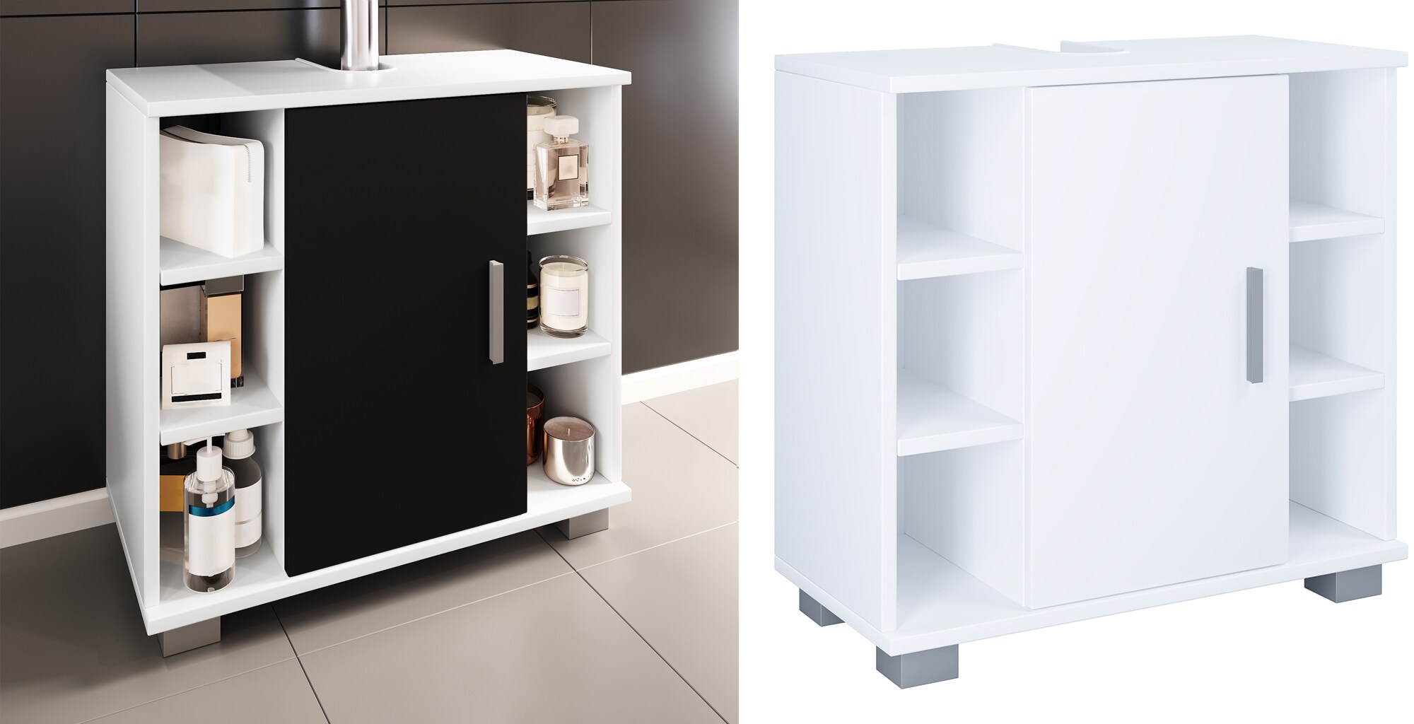 VCM Holz Waschbeckenunterschrank | Badschrank | Ma&szlig;e: H. 58 x B. 60 x T. 30 cm | 1 Dreht&uuml;r | 2 F&auml;cher | 6 kleine offene Regalf&auml;cher - Zalo M - Bild 1