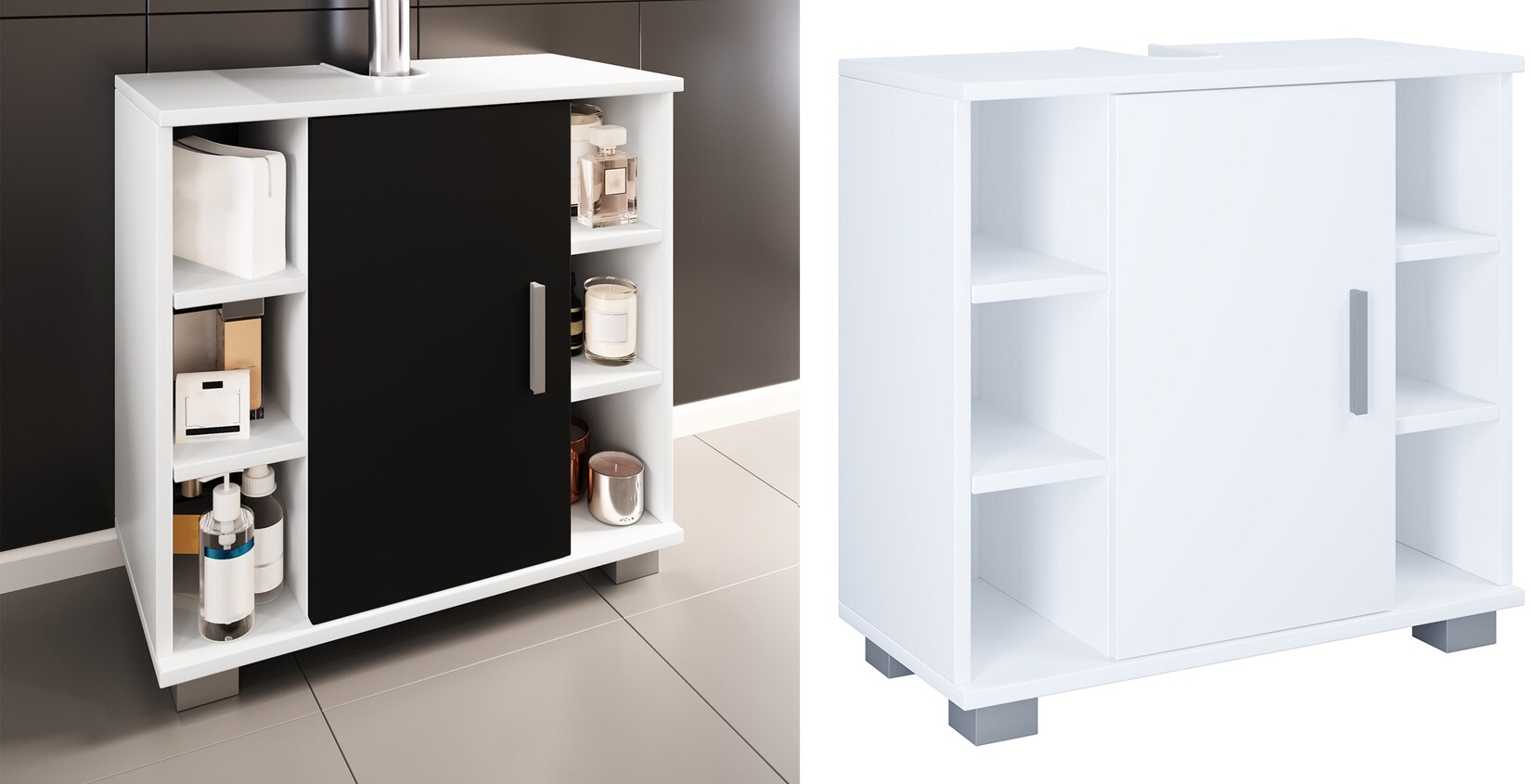 VCM Holz Waschbeckenunterschrank   Badschrank   Maße: H. 58 x B. 60 x T. 30 cm   1 Drehtür   2 Fächer   6 kleine offene Regalfächer – Zalo M | 04051814409363