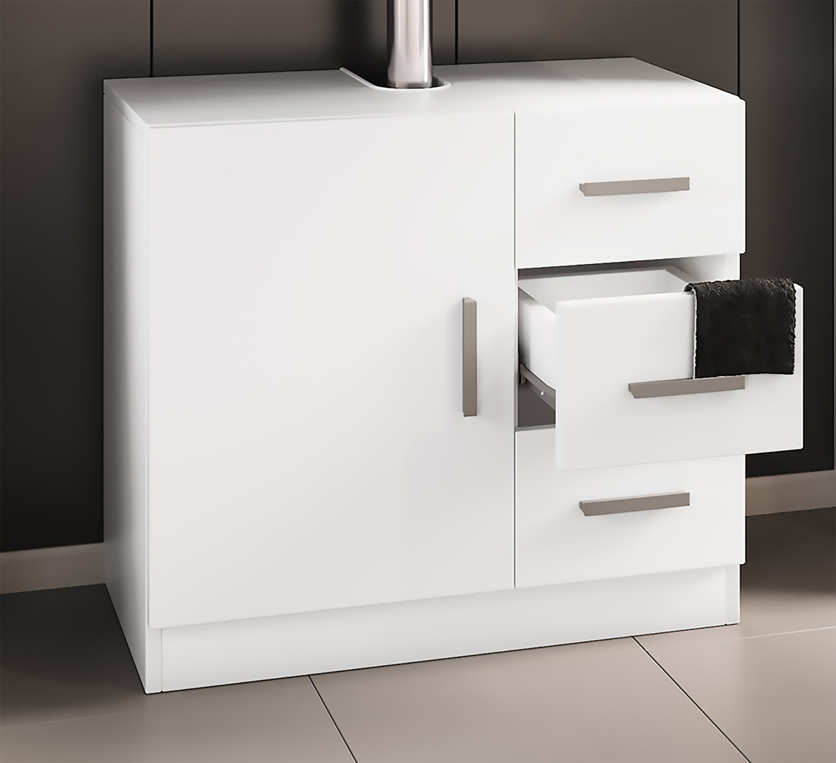 VCM Holz Waschbeckenunterschrank Badschrank Maße: H. 56 x B. 63 x T. 30 cm 1 Drehtür 3 Schubladen modernes Badezimmermöbel – Zalo XL