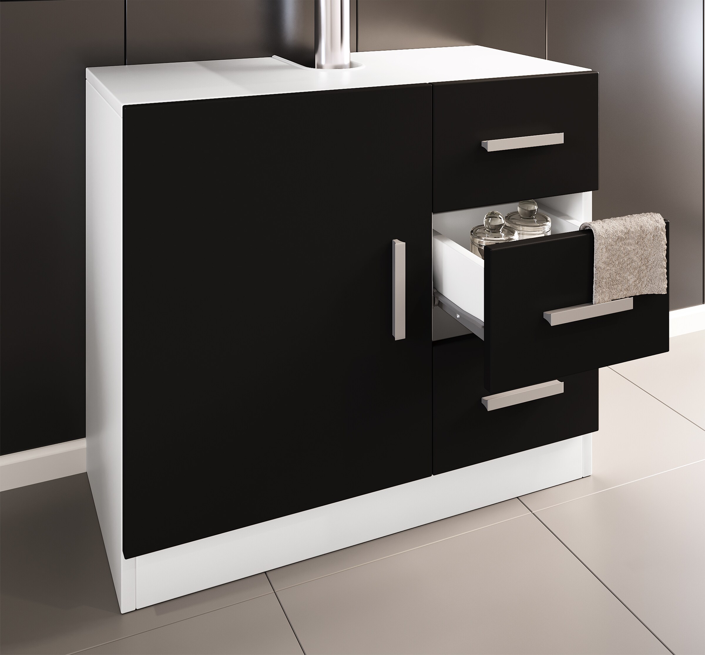 VCM Holz Waschbeckenunterschrank | Badschrank | Ma&szlig;e: H. 56 x B. 63 x T. 30 cm | 1 Dreht&uuml;r | 3 Schubladen | modernes Badezimmerm&ouml;bel &ndash; Zalo XL - Bild 1