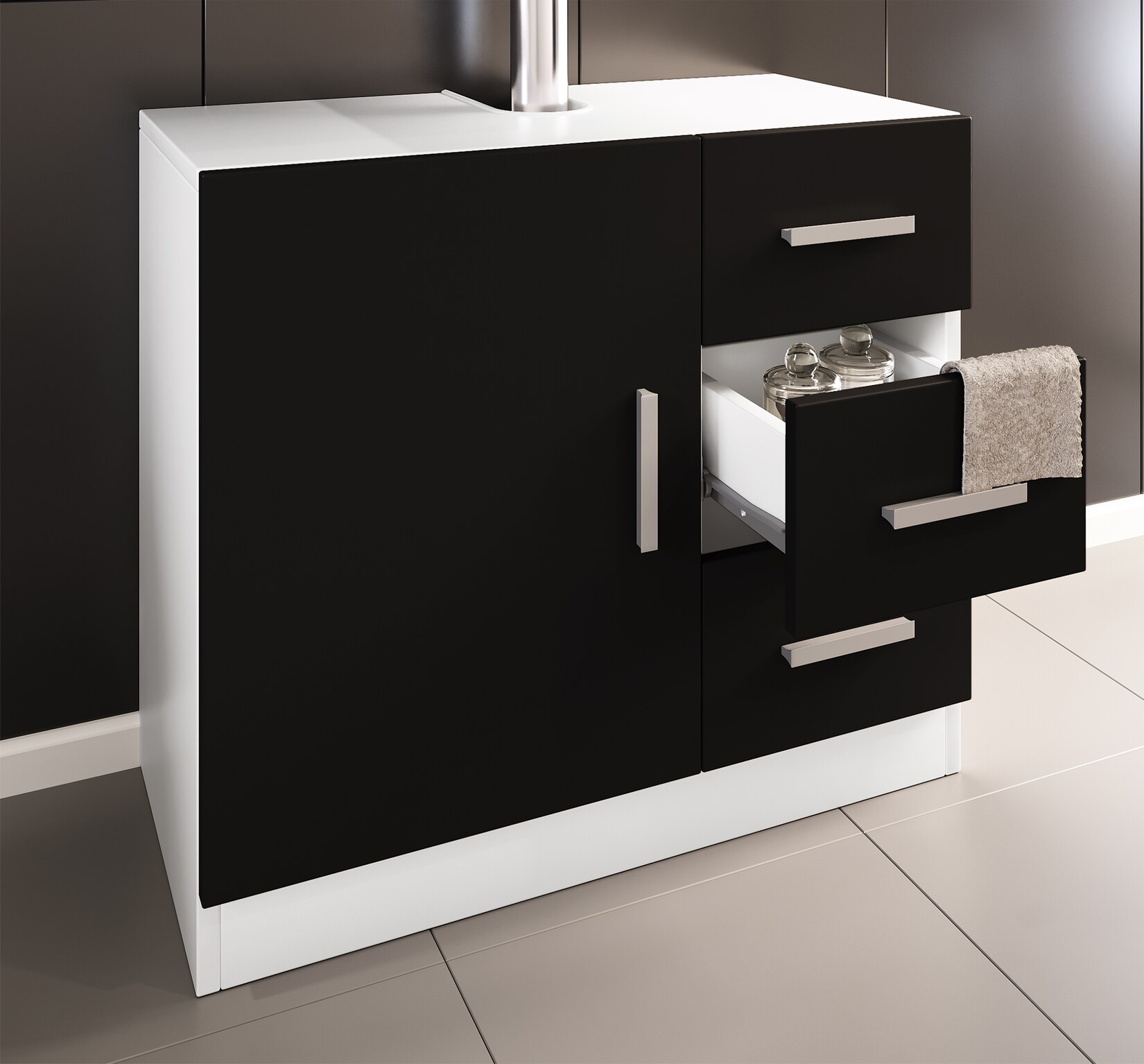 VCM Holz Waschbeckenunterschrank   Badschrank   Maße: H. 56 x B. 63 x T. 30 cm   1 Drehtür   3 Schubladen   modernes Badezimmermöbel – Zalo XL | 04051814409387