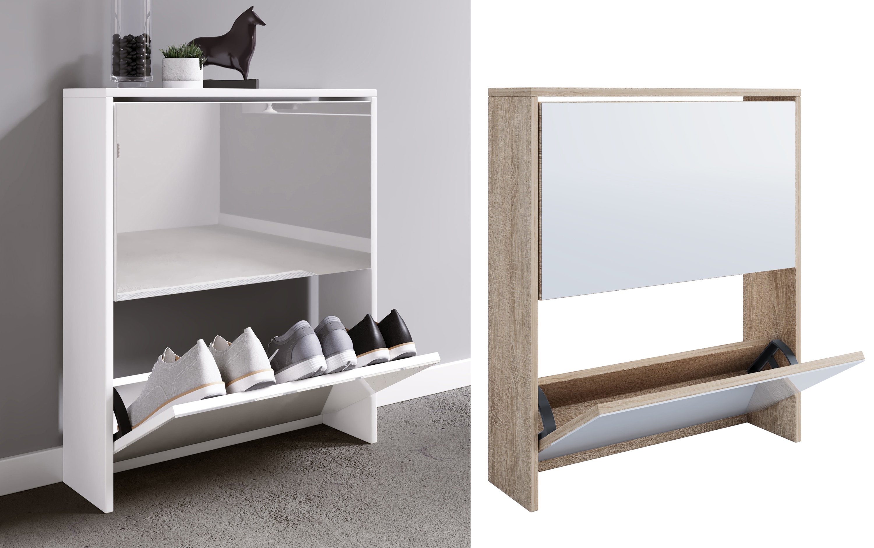 VCM Holz Schuhschrank | Ma&szlig;e: H. 73 x B. 63 x T. 17 cm | 2 Klappen mit Spiegel - Stido L - Bild 1