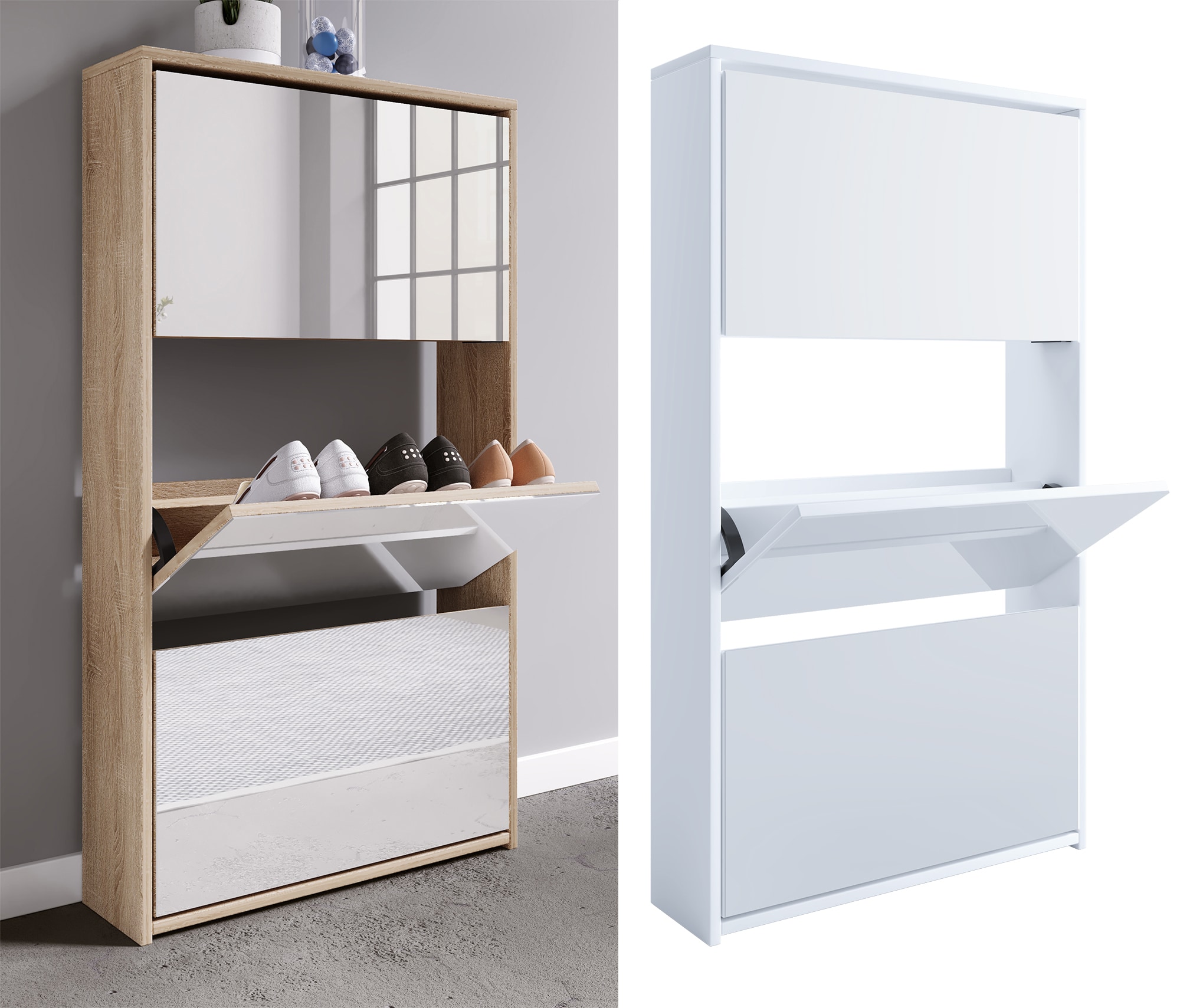 VCM Holz Schuhschrank | Ma&szlig;e: H. 112 x B. 63 x T. 17 cm | 3 Klappen mit Spiegel - Stido XL - Bild 1