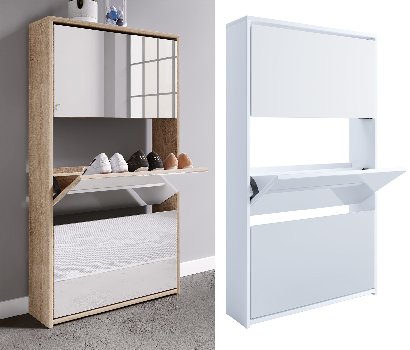 VCM Holz Schuhschrank   Maße: H. 112 x B. 63 x T. 17 cm   3 Klappen mit Spiegel – Stido XL | 04051814409486