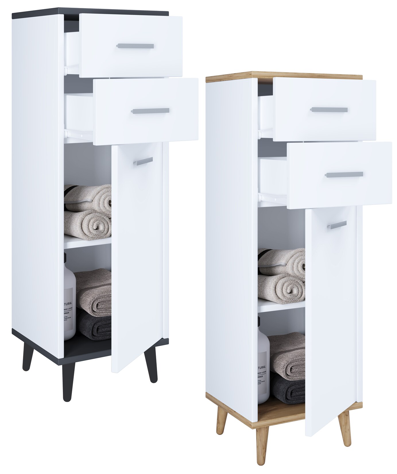 VCM Badmöbel Midischrank   Seitenschrank   Maße: H. 97 x B. 32 x T. 28 cm  2 Schubladen   1 Drehtür   2 Fächer – Landos | 04051814410758