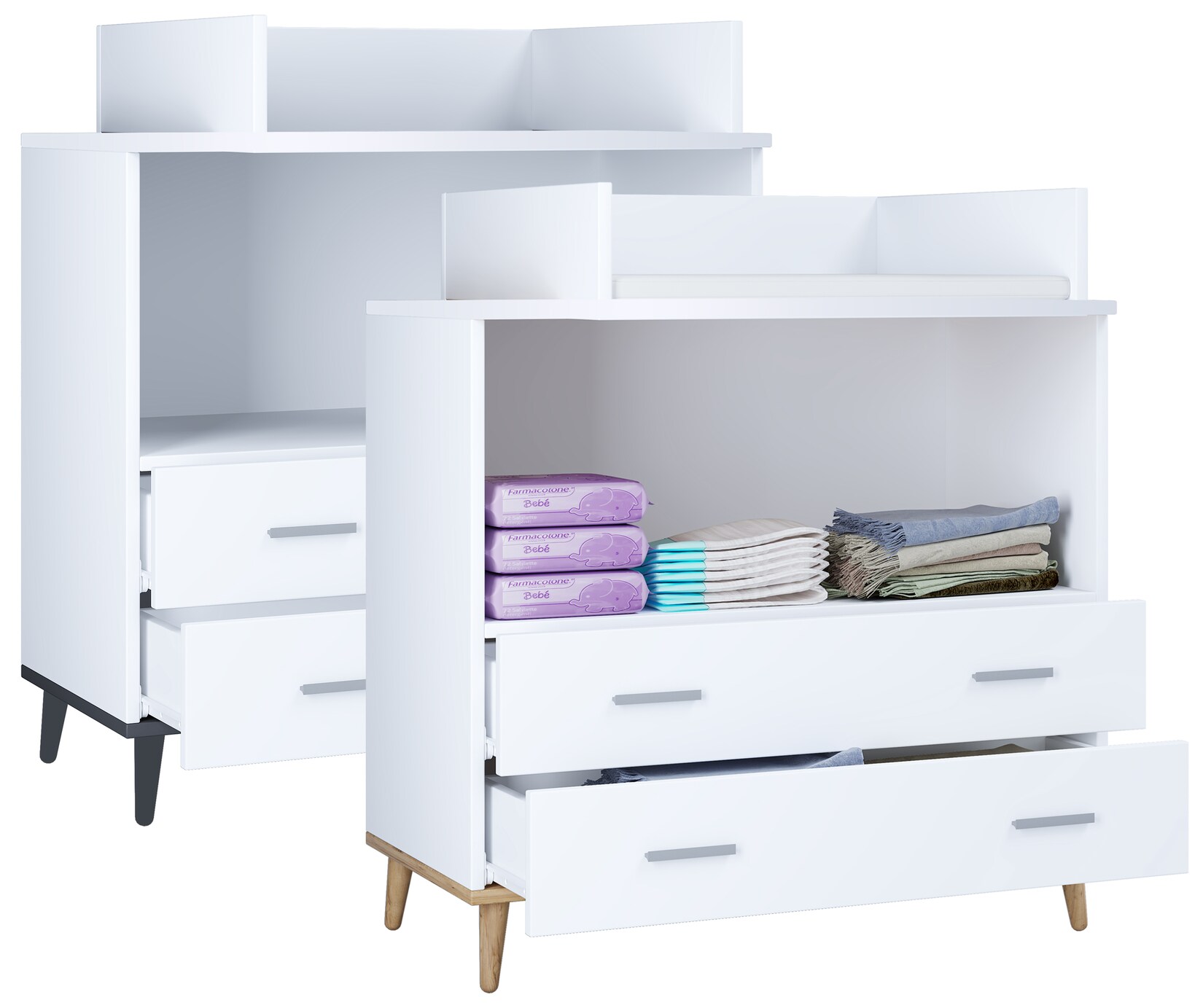 VCM Wickeltisch Set Wickelregal mit Wickelaufsatz Maße H. 93 x B. 80 x T. 49 zwei Schubladen für Stauraum Wickelkommode - Lindas