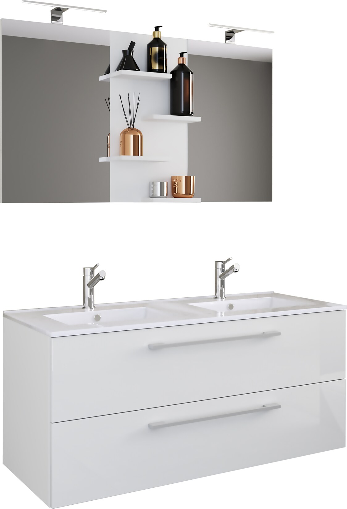 VCM 3-tlg. Doppel Waschplatz 2x Waschtisch Badmöbel Set mit Unterschrank, Waschbecken und Spiegel Doppelwaschbecken Komplettset Budasi SP