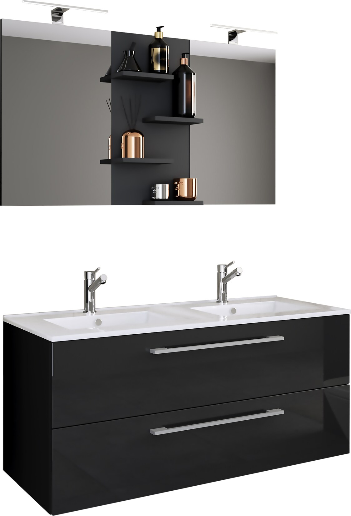 VCM 3-tlg. Doppel Waschplatz 2x Waschtisch Badmöbel Set mit Unterschrank, Waschbecken und Spiegel Doppelwaschbecken Komplettset Budasi SP