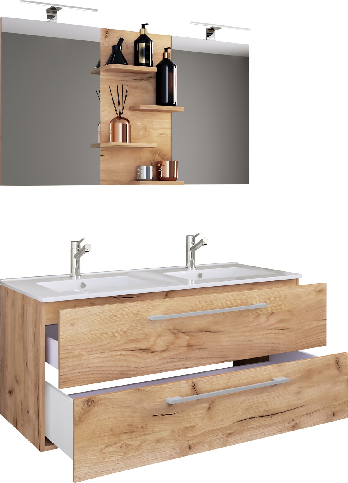 VCM 3-tlg. Doppel Waschplatz 2x Waschtisch Badmöbel Set mit Unterschrank, Waschbecken und Spiegel Doppelwaschbecken Komplettset Budasi SP