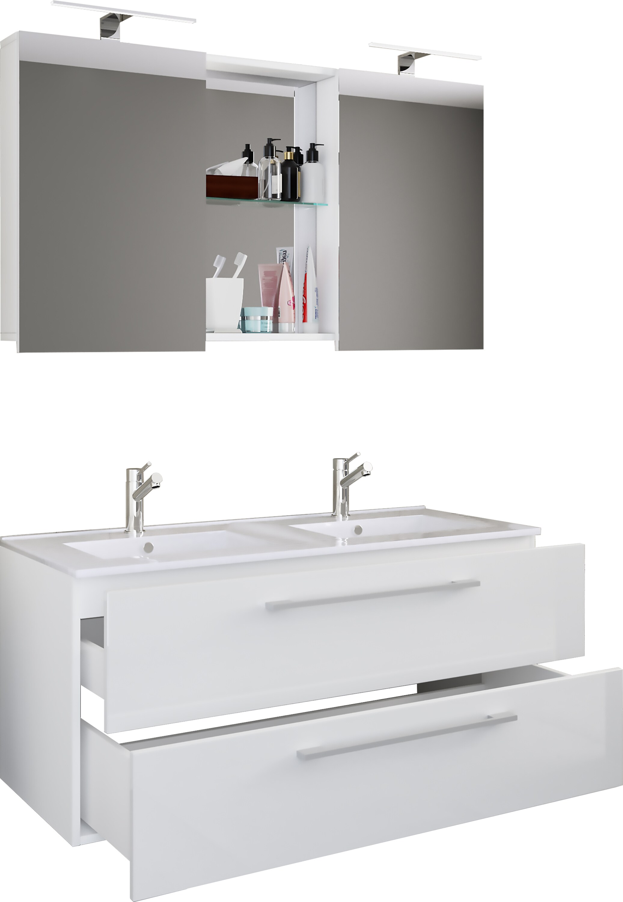 VCM 3-tlg. Doppel Waschplatz | 2x Waschtisch | Badm&ouml;bel Set mit Unterschrank, Waschbecken und Spiegelschrank | Doppelwaschbecken | Komplettset Budasi SC - Bild 1