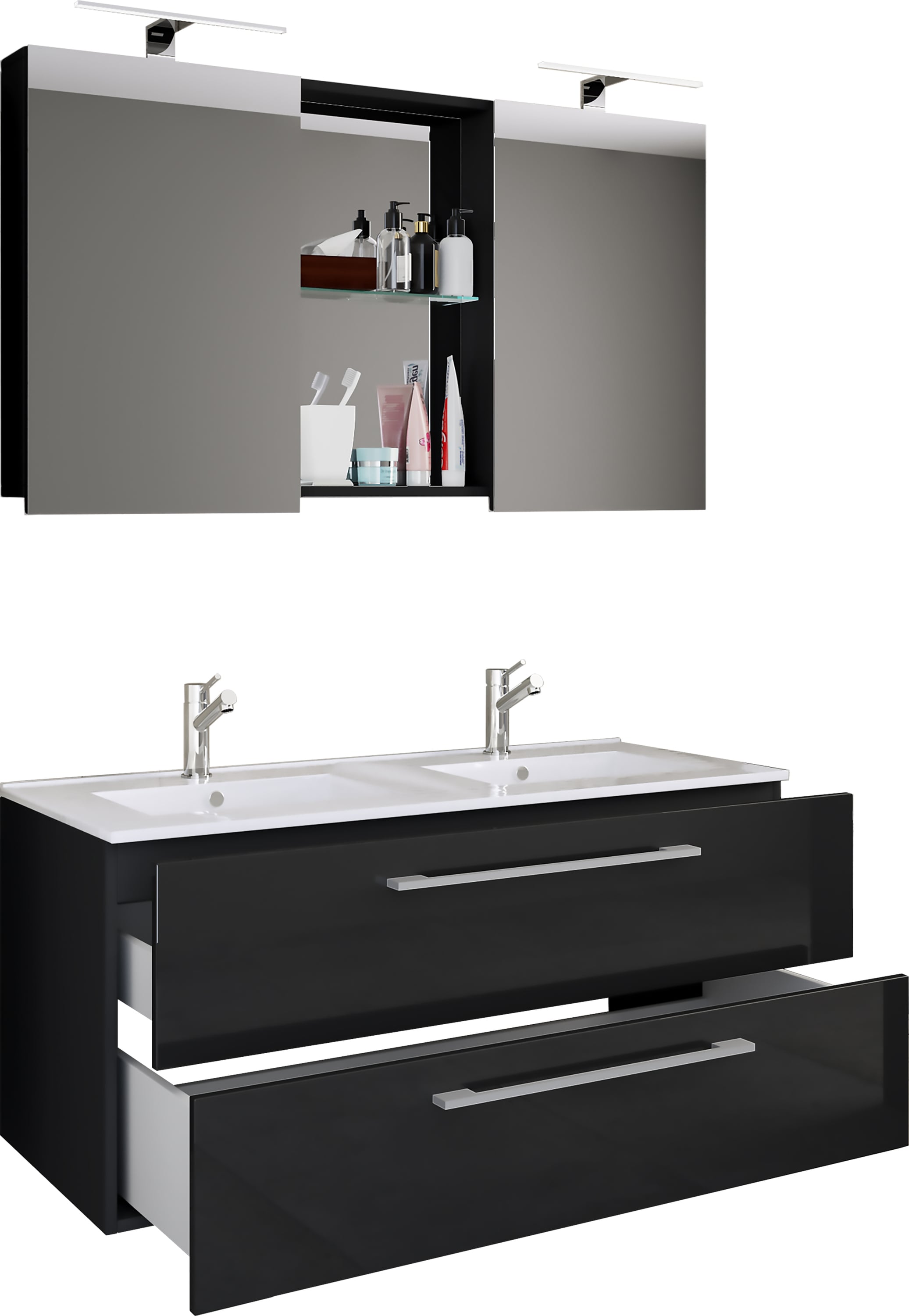 VCM 3-tlg. Doppel Waschplatz | 2x Waschtisch | Badm&ouml;bel Set mit Unterschrank, Waschbecken und Spiegelschrank | Doppelwaschbecken | Komplettset Budasi SC - Bild 1