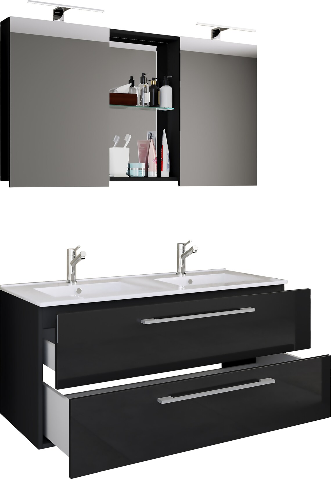 VCM 3-tlg. Doppel Waschplatz 2x Waschtisch Badmöbel Set mit Unterschrank, Waschbecken und Spiegelschrank Doppelwaschbecken Komplettset Budasi SC