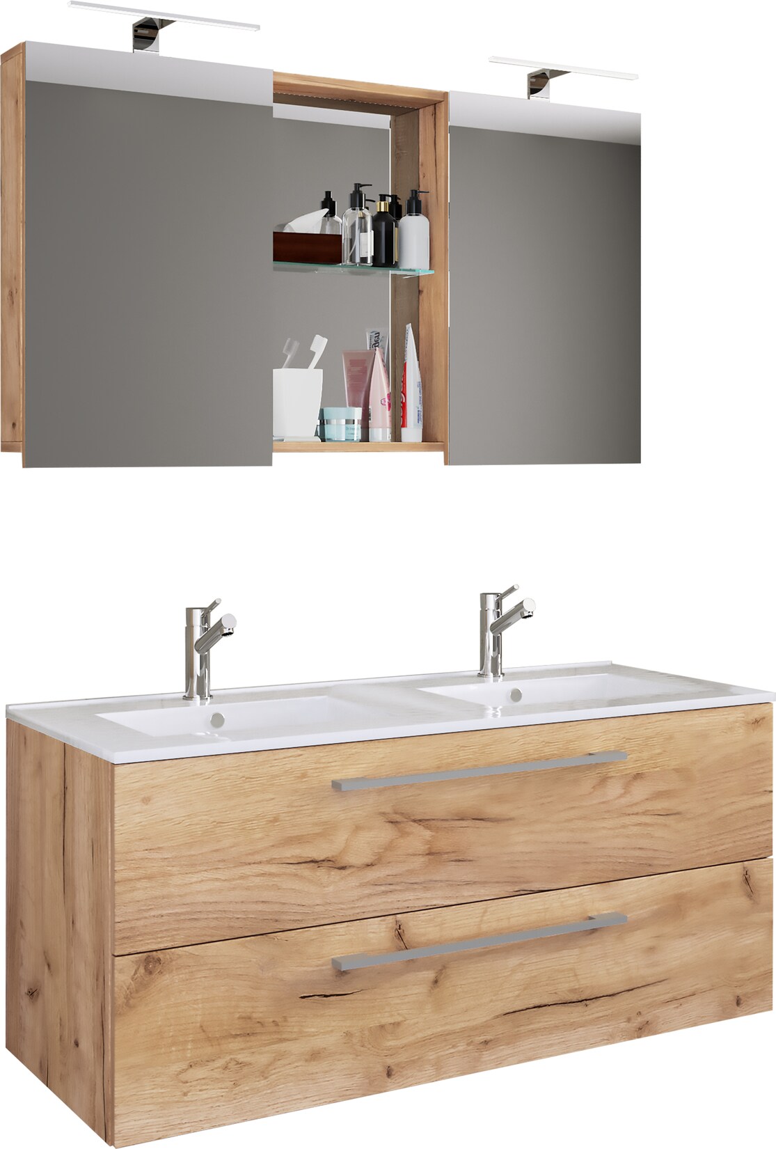 VCM 3-tlg. Doppel Waschplatz 2x Waschtisch Badmöbel Set mit Unterschrank, Waschbecken und Spiegelschrank Doppelwaschbecken Komplettset Budasi SC