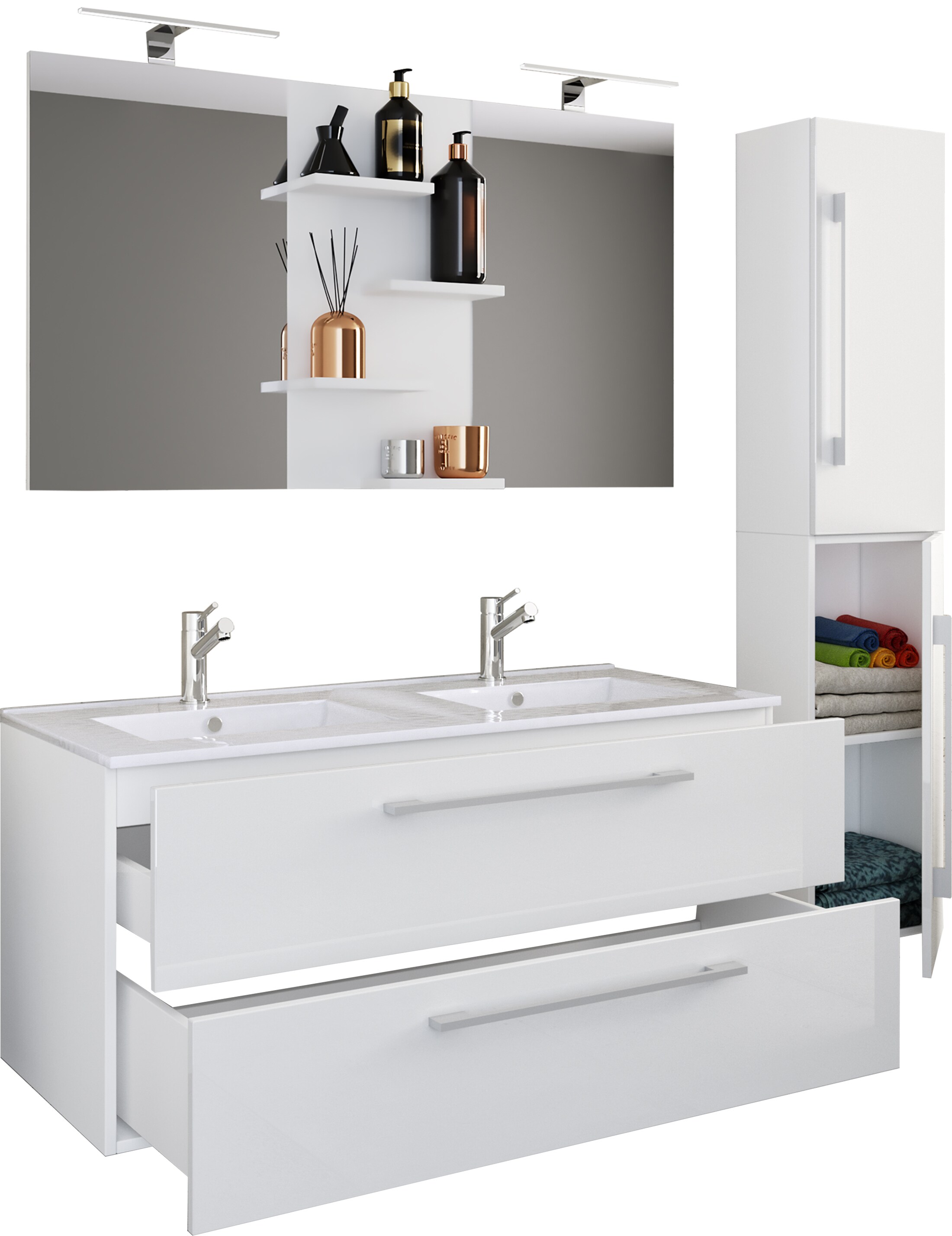 VCM 4-tlg. Doppel Waschplatz | 2x Waschtisch | Badm&ouml;bel Set mit Unterschrank, Waschbecken, Hochschrank und Spiegel | Doppelwaschbecken | Komplettset Budasi SP - Bild 1