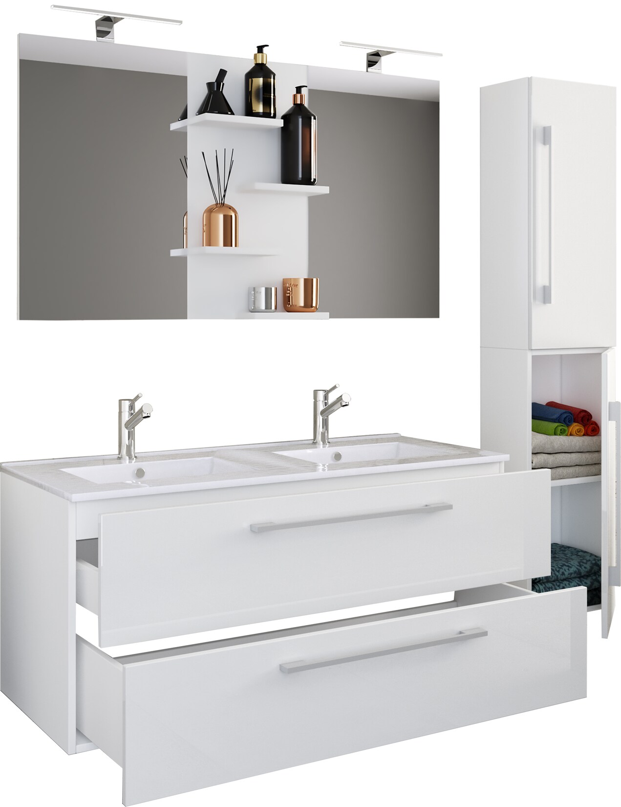 VCM 4-tlg. Doppel Waschplatz 2x Waschtisch Badmöbel Set mit Unterschrank, Waschbecken, Hochschrank und Spiegel Doppelwaschbecken Komplettset Budasi SP